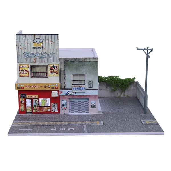 Hộp trưng bày mô phỏng cửa hàng đồ ăn Reikodo và khu vực rửa xe - Japanese curry Restaurant scence có đèn tỉ lệ 1:64 MoreArt MO936422