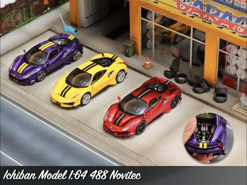 Mô hình xe Ferrari 488 Novitec mở được nắp máy sau limited 399pcs tỉ lệ 1:64 Ichiban model OT64250
