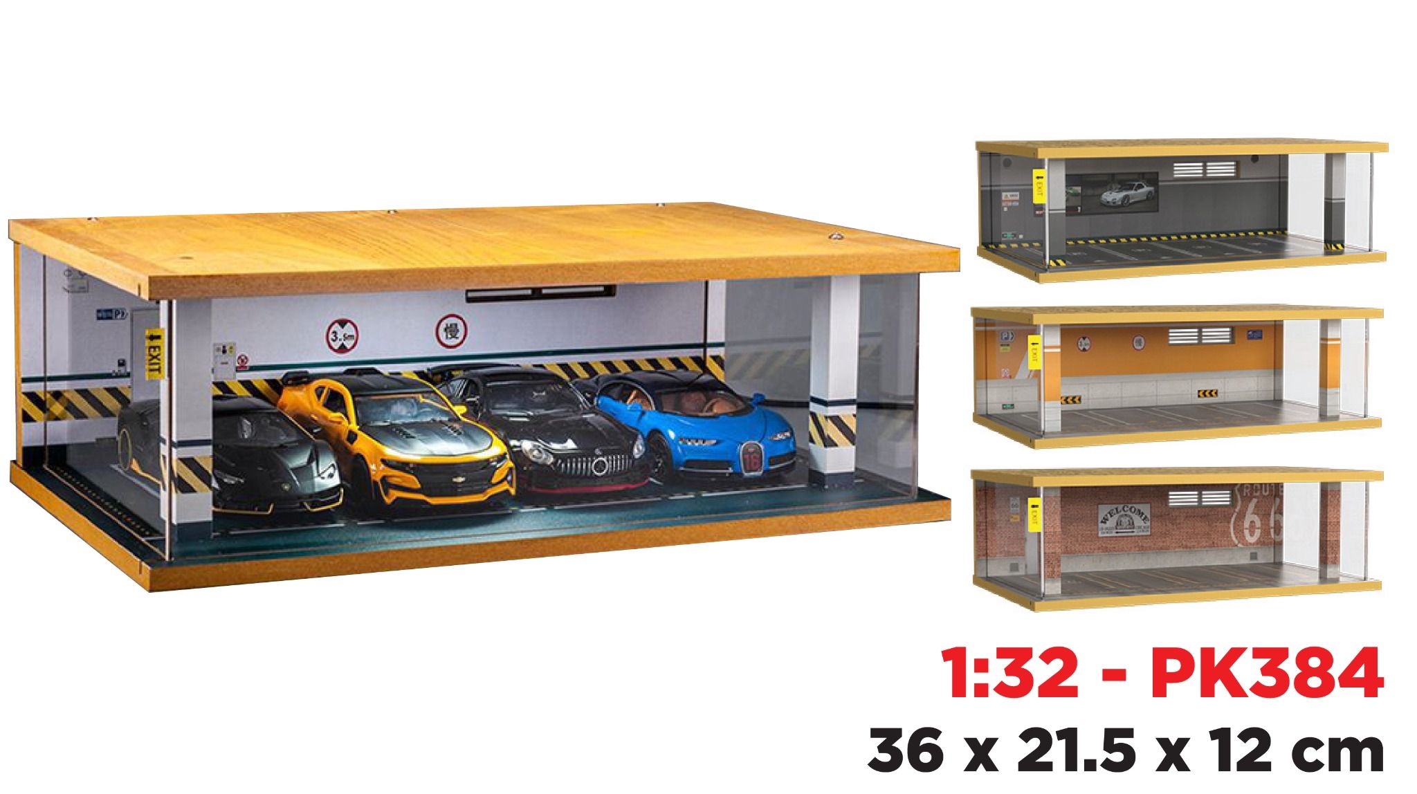 Hộp trưng bày gỗ bãi đỗ 4 xe ô tô tỉ lệ 1:32 - có đèn - có mica 36x21.5x12cm PK383 PT2040-733