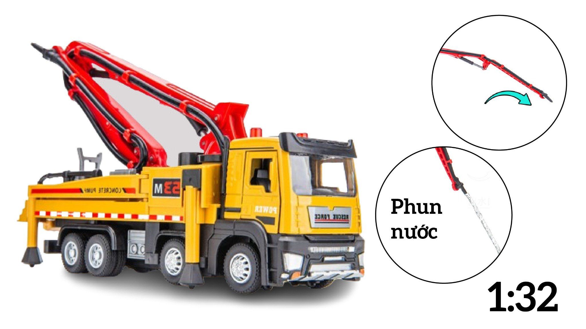 Mô hình xe công trình bơm bê tông full open - đầu kim loại - phun nước - có âm thanh - đèn tỉ lệ 1:32 Ty model OT509