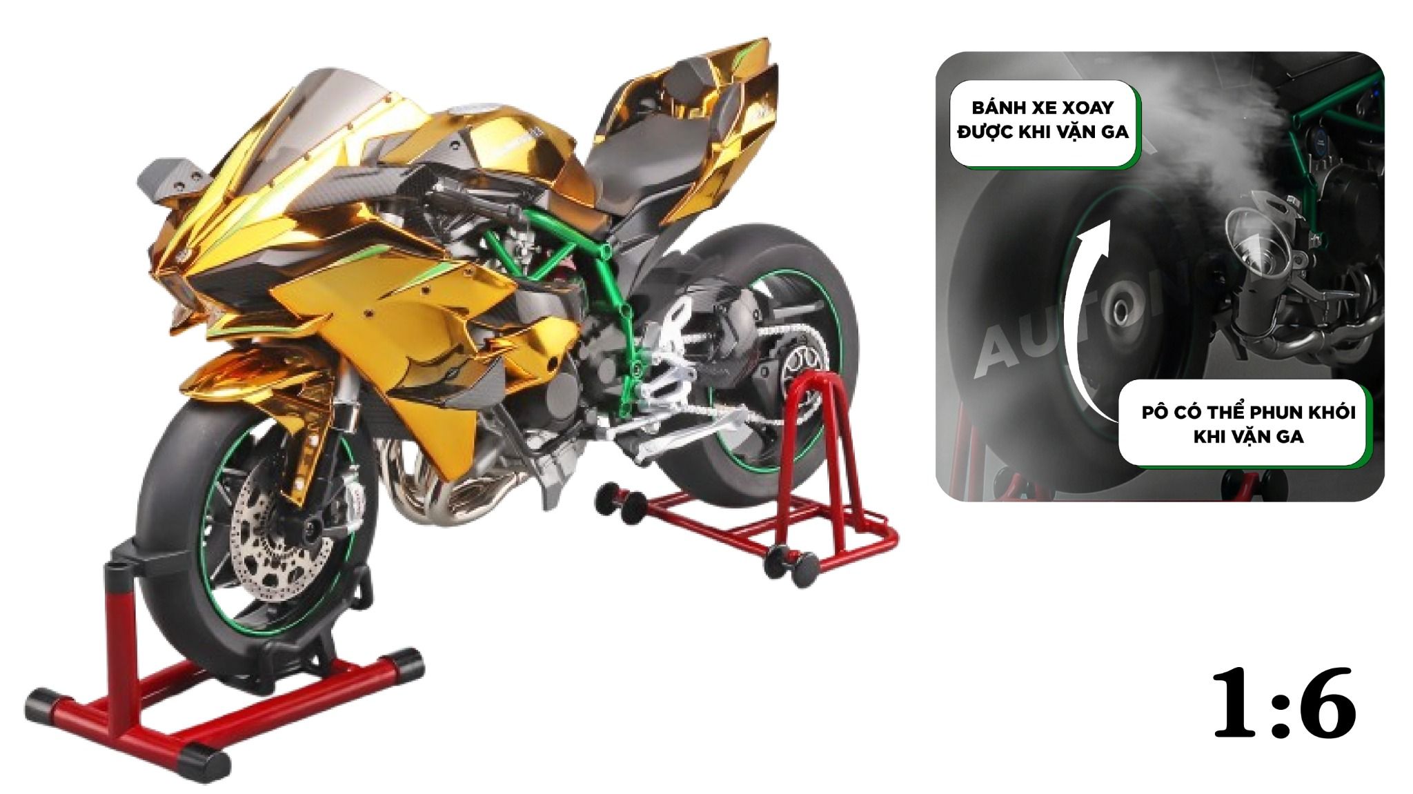 Mô hình xe Kawasaki H2R gold có động cơ có phun khói tỉ lệ lớn 1:6 XLG MT06001