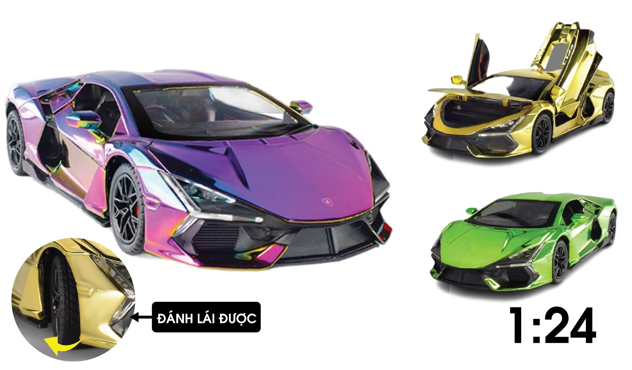 Mô hình xe Lamborghini Revuelto chrome color đánh lái được - full open - có đèn - âm thanh tỉ lệ 1:24 Alloy model OT24063