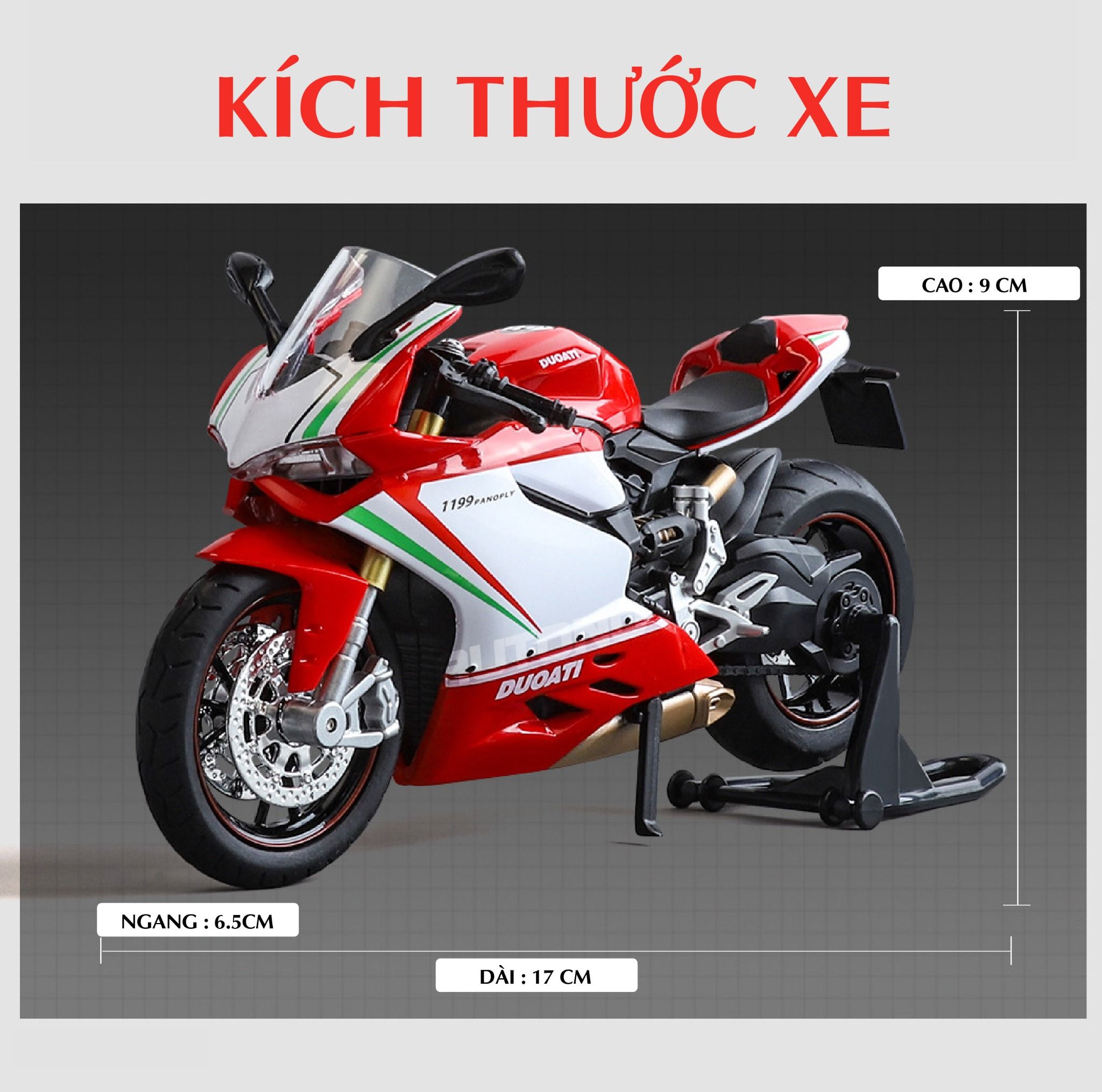 Mô hình xe mô tô Ducati Final Edition - 1199 tricolor có ben nâng - đèn - âm thanh tỉ lệ 1:12 Huayi Alloy MT088