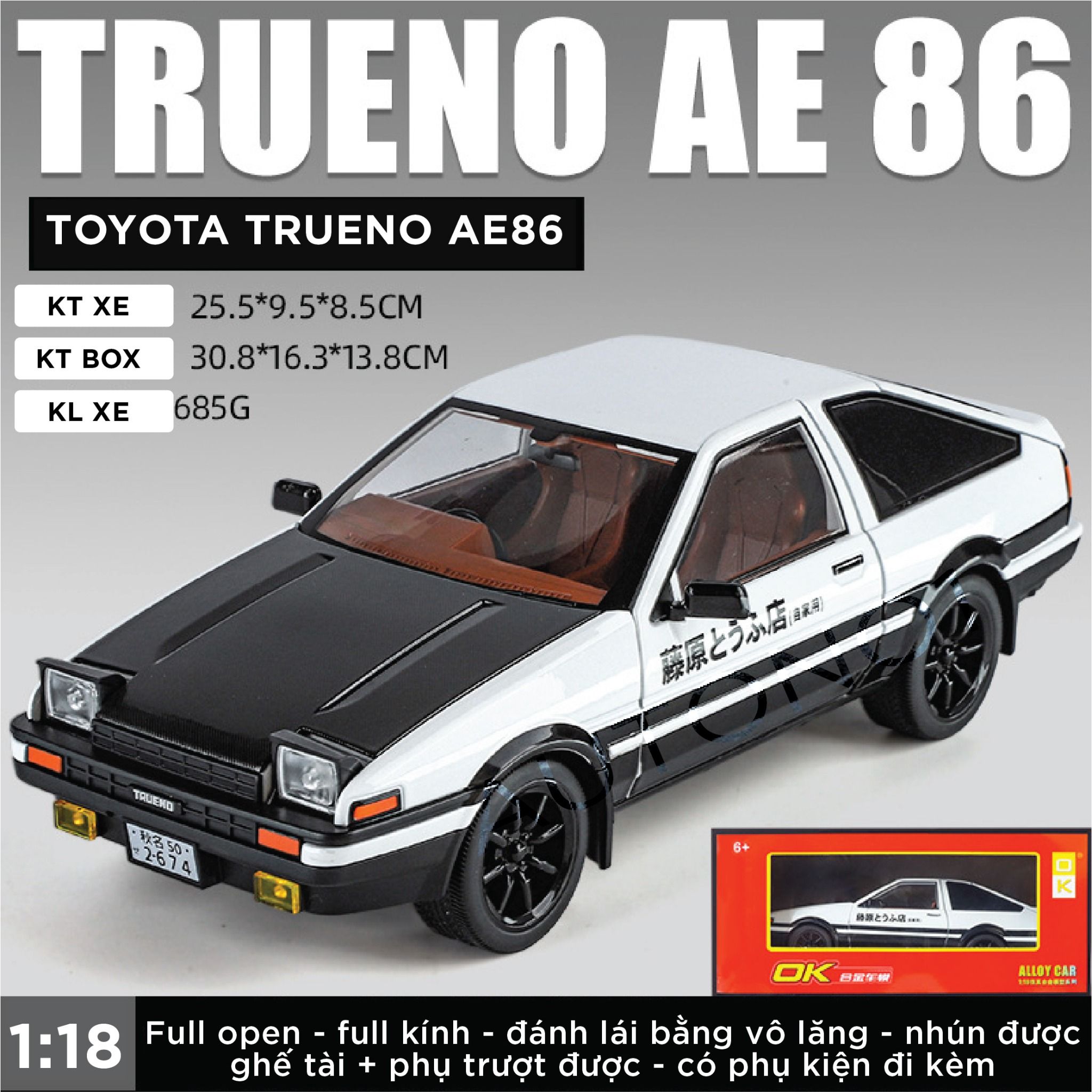 Mô hình xe Toyota Trueno AE 86 Initial D series full open - đánh lái - âm thanh - đèn tỉ lệ 1:18 OK model OT18024