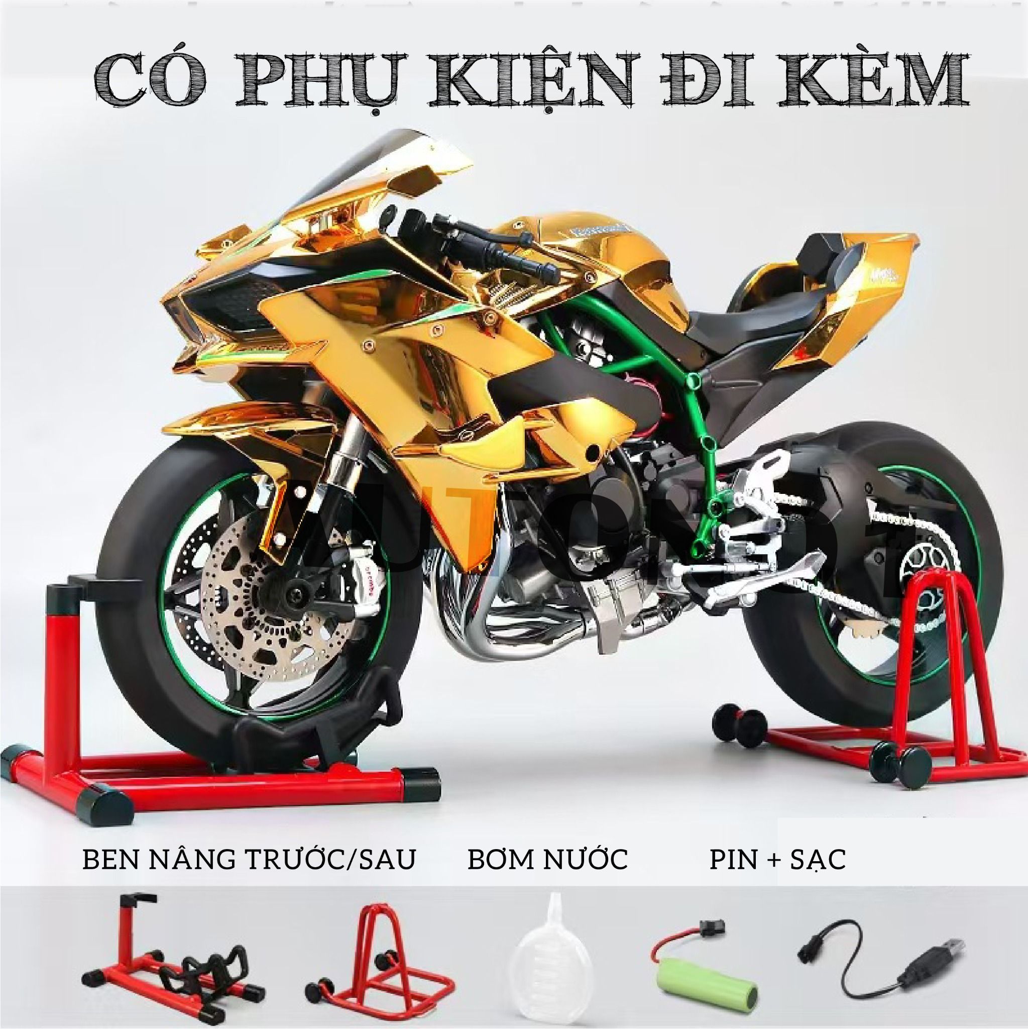 Mô hình xe Kawasaki H2R gold có động cơ có phun khói tỉ lệ lớn 1:6 XLG MT06001
