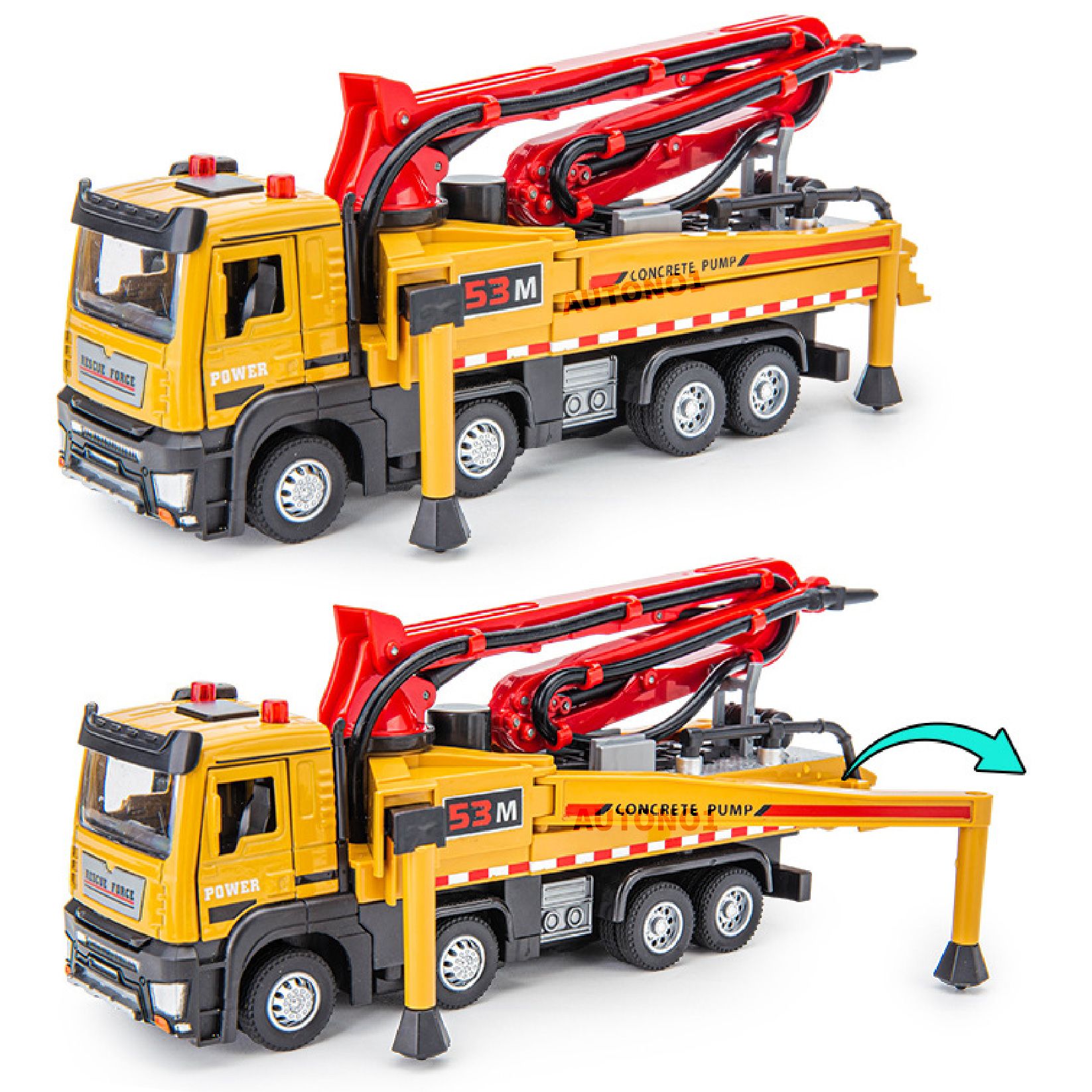 Mô hình xe công trình bơm bê tông full open - đầu kim loại - phun nước - có âm thanh - đèn tỉ lệ 1:32 Ty model OT509