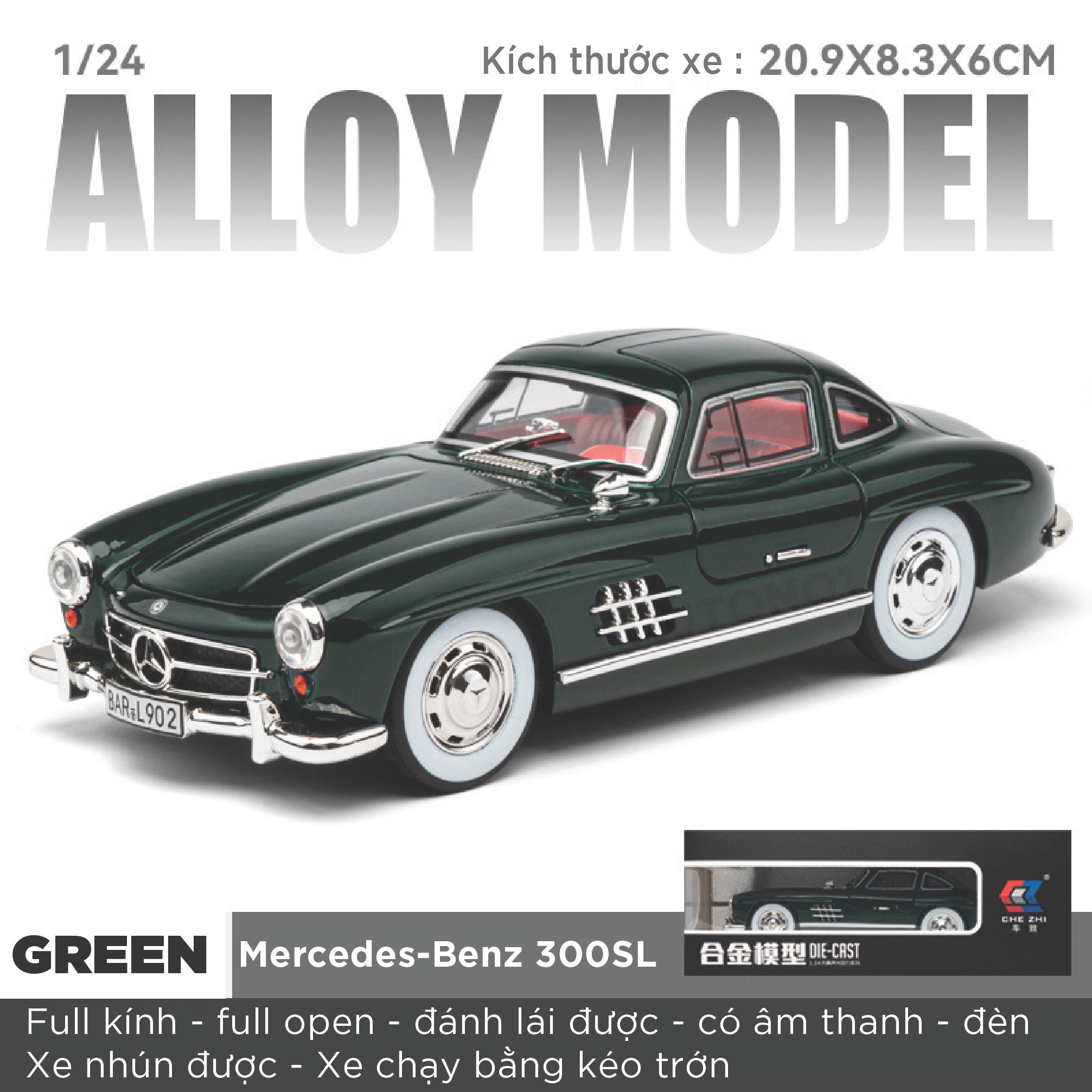 Mô hình xe Mercedes-Benz 300SL full open có đèn có âm thanh đánh lái được tỉ lệ 1:24 Chezhi OT513