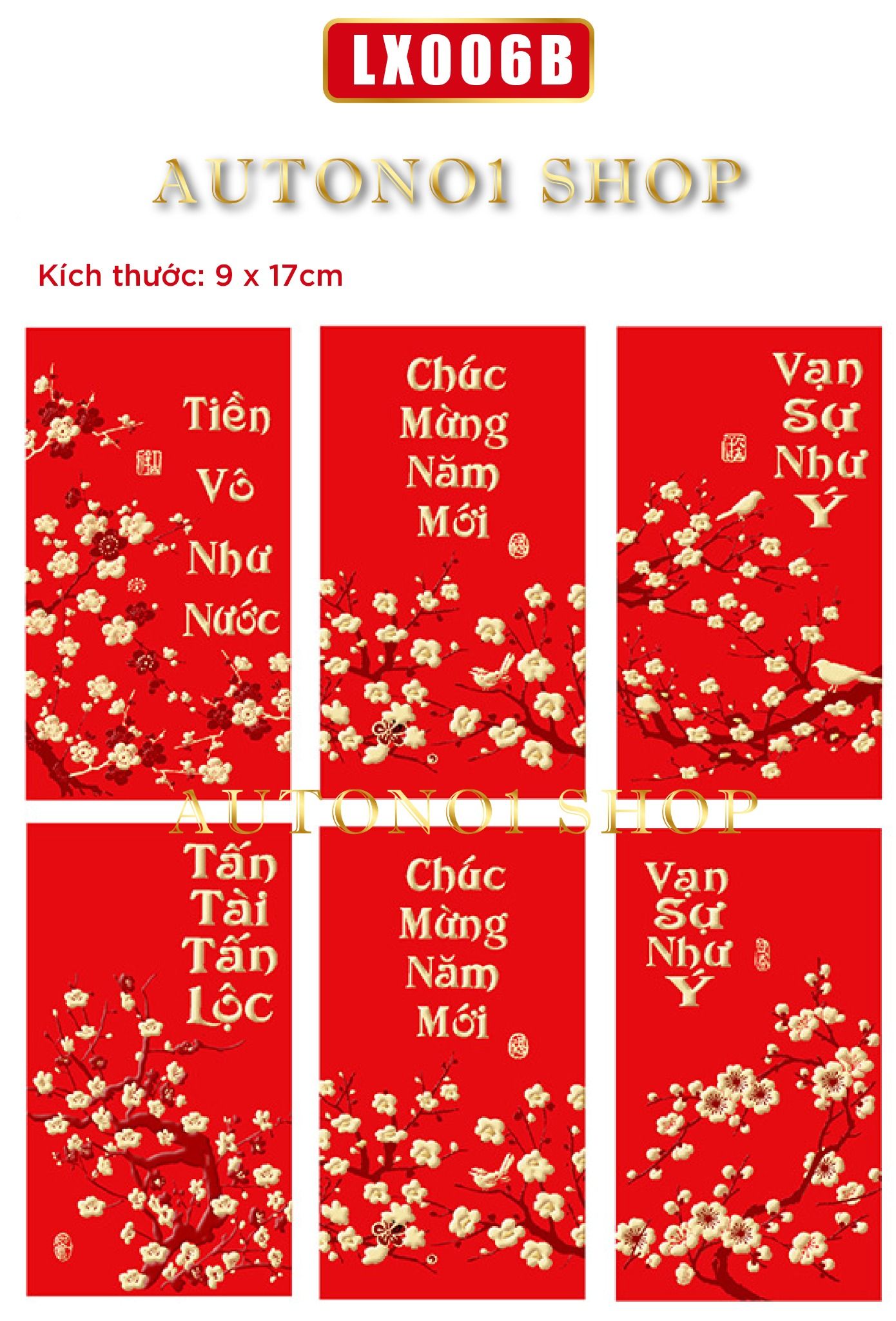Combo bộ ngẫu nhiên 6 bao lì xì đỏ trang trí có hình rồng dễ thương nổi mạ vàng Chúc tết 2024 kích thước 9x17cm Autono1 LX006