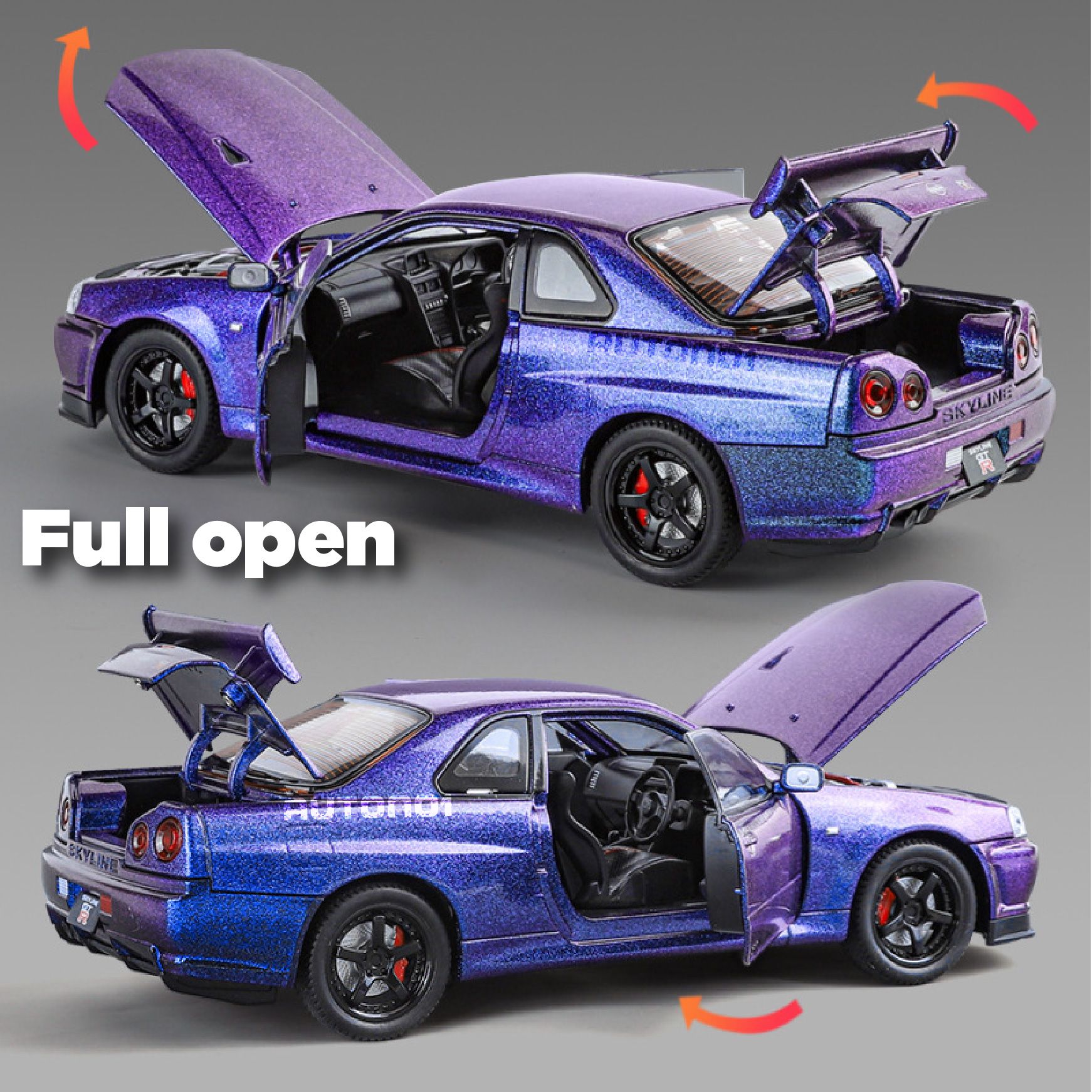 Mô hình xe Nissan GTR - R34 Fast & Furious No box full open - có âm thanh - đèn - đánh lái tỉ lệ 1:24 Jinlifiang OT24017
