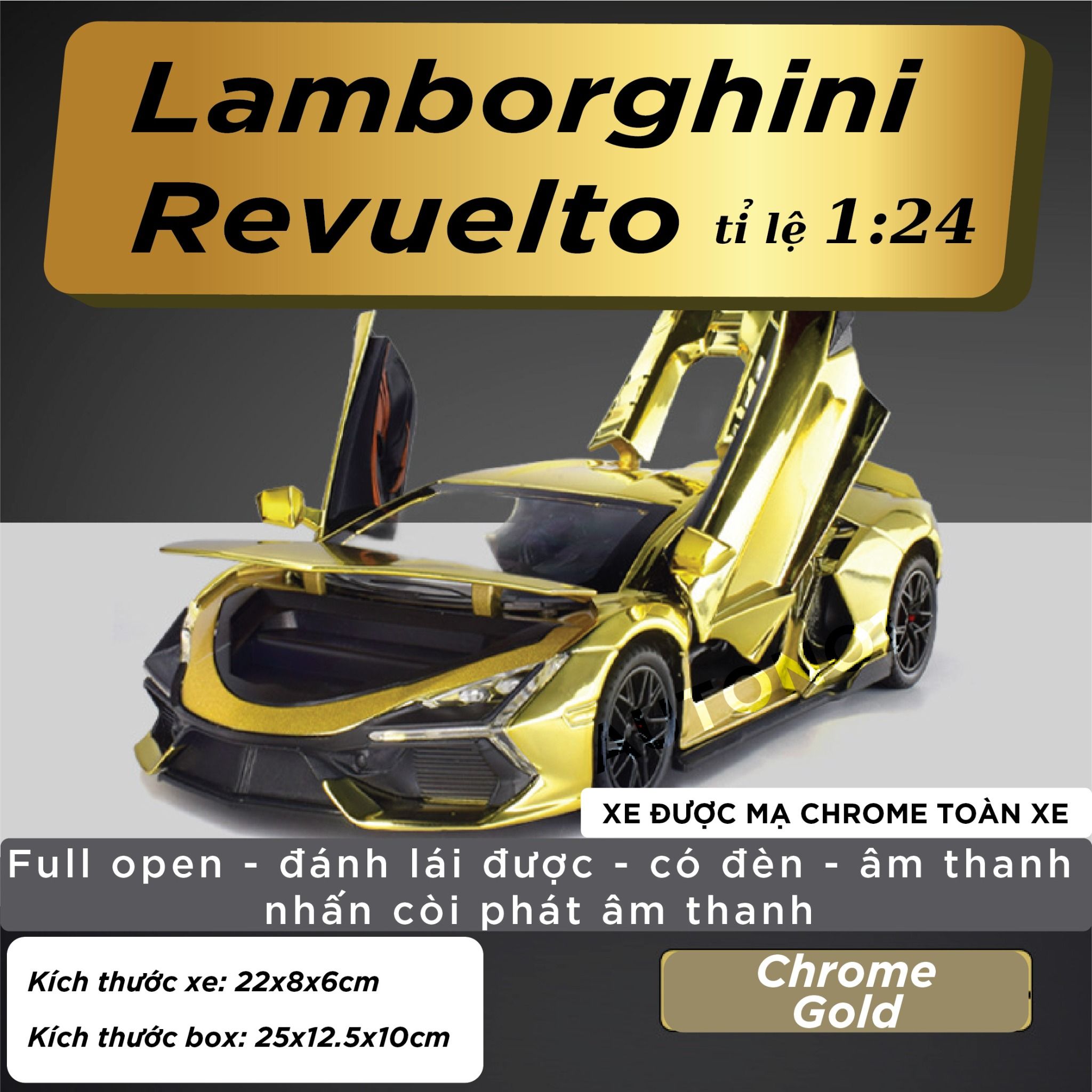 Mô hình xe Lamborghini Revuelto chrome color đánh lái được - full open - có đèn - âm thanh tỉ lệ 1:24 Alloy model OT24063