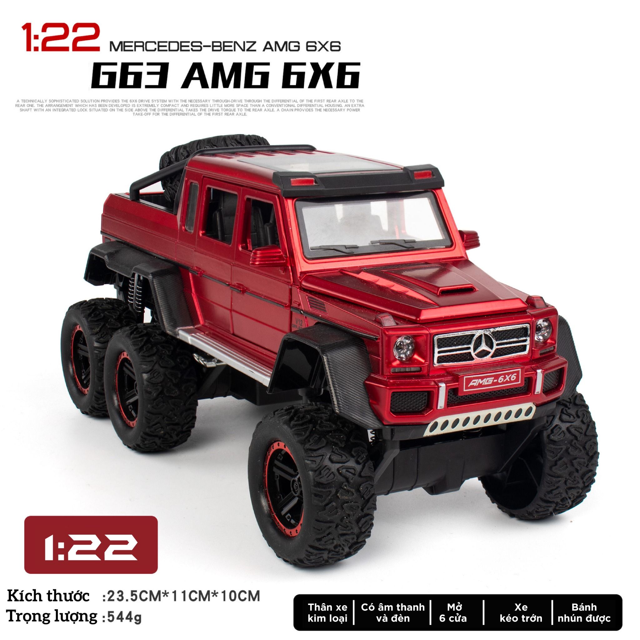 Mô hình xe ô tô Mercedes-Benz G63 V12 Off Road 6x6 full open tỉ lệ 1:22 Chezhi OT376