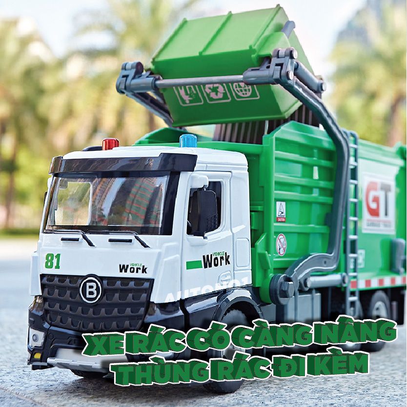 Mô hình xe chở rác chuyên dụng có thùng rác mini đi kèm tỉ lệ 1:24 Metal DieCast OT611