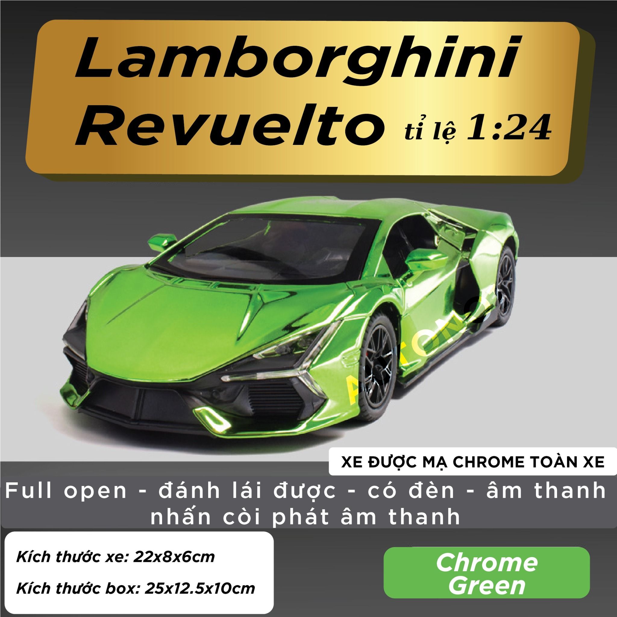 Mô hình xe Lamborghini Revuelto chrome color đánh lái được - full open - có đèn - âm thanh tỉ lệ 1:24 Alloy model OT24063