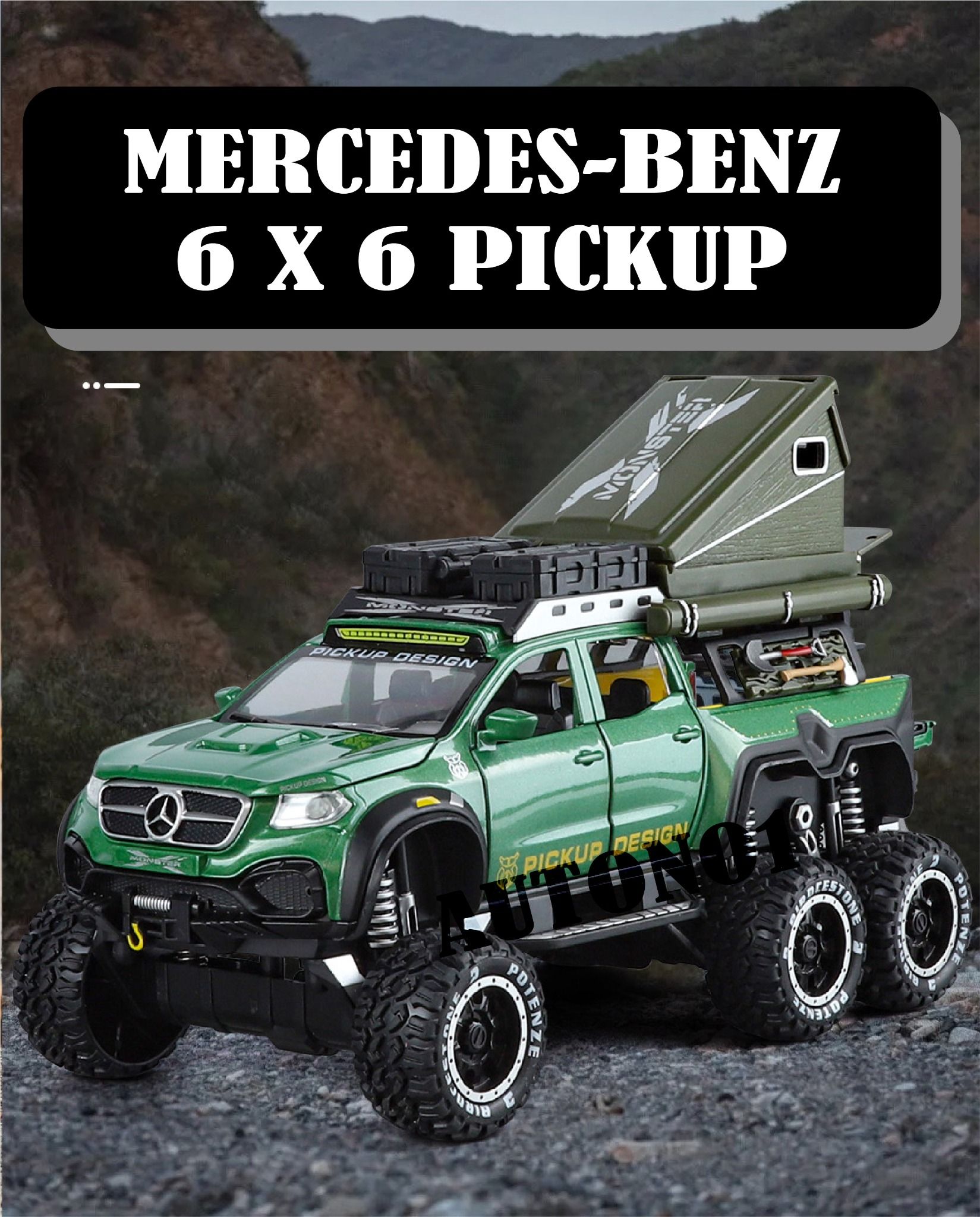 Mô hình xe Mercedes Benz Pickup 6x6 có phụ kiện camping đi kèm - có âm thanh - đèn tỉ lệ 1:32 Chimei OT32020