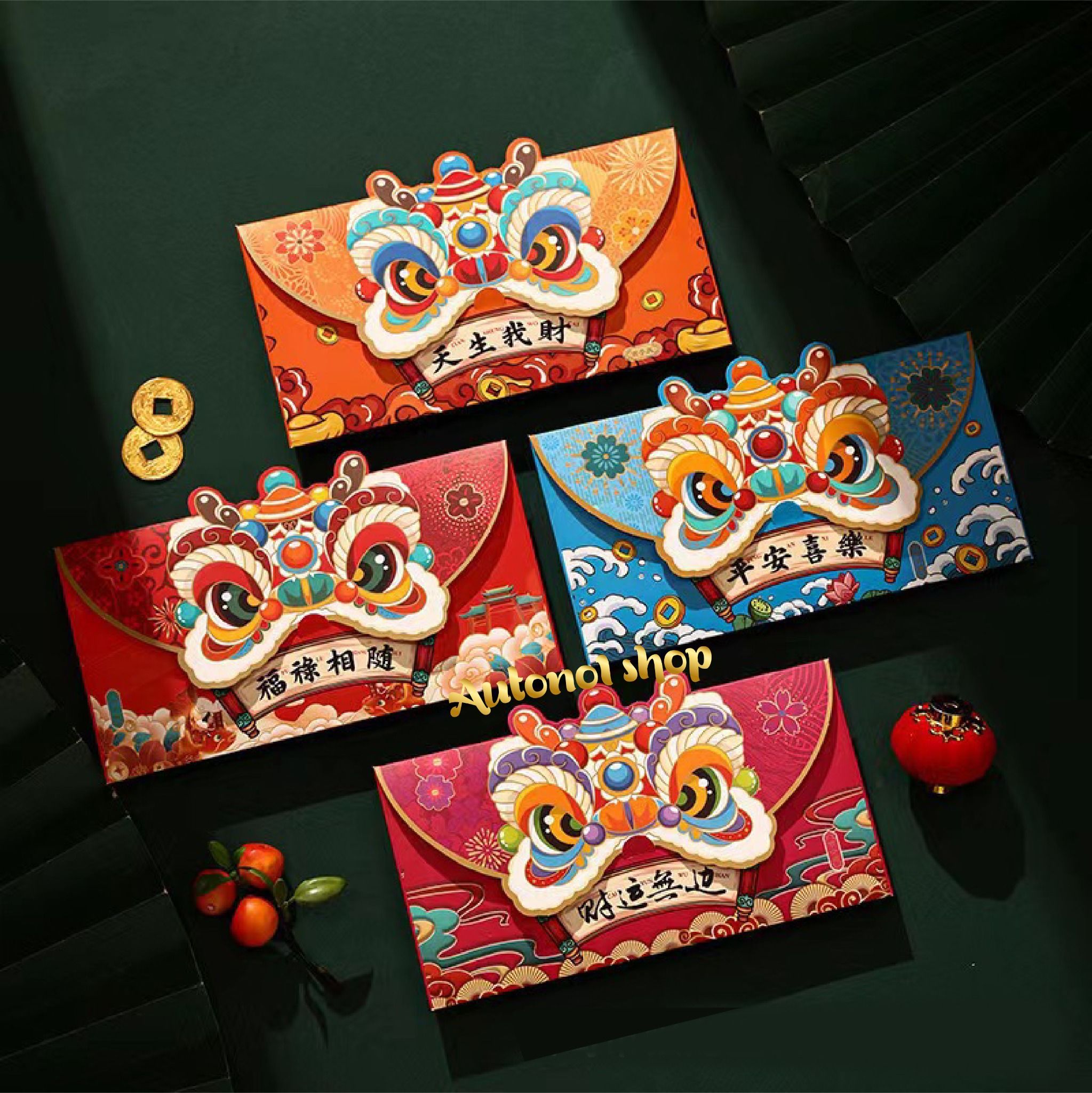 Bộ 4 bao lì xì hình đầu con lân kiểu bao ngang 4 màu chúc mừng năm mới 2024 kích thước 16.5cm Autono1 LX001E