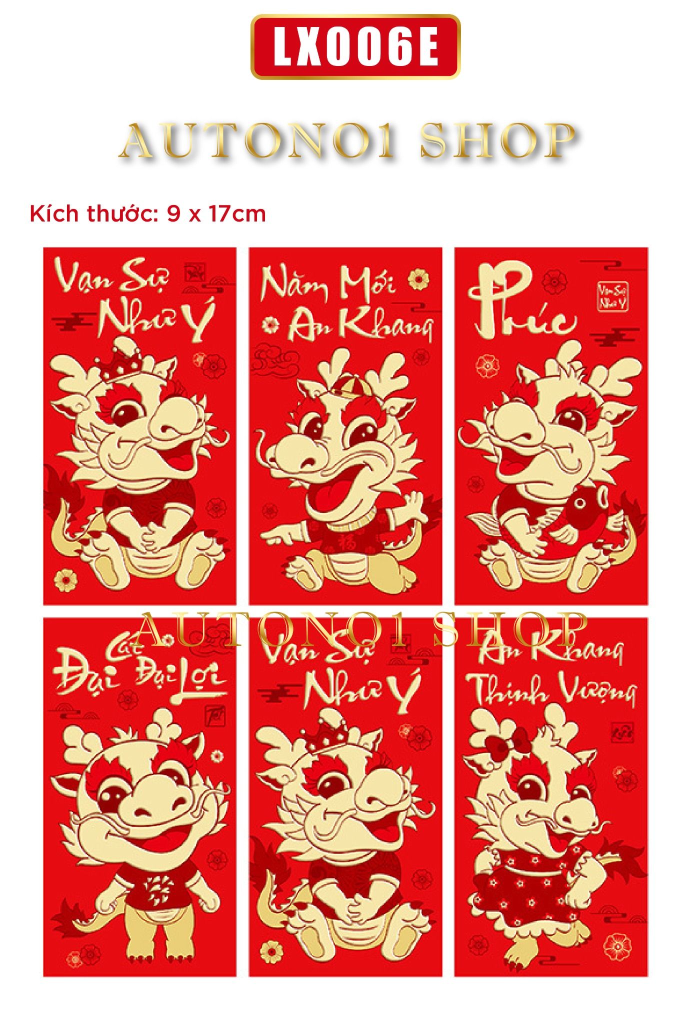 Combo bộ ngẫu nhiên 6 bao lì xì đỏ trang trí có hình rồng dễ thương nổi mạ vàng Chúc tết 2024 kích thước 9x17cm Autono1 LX006