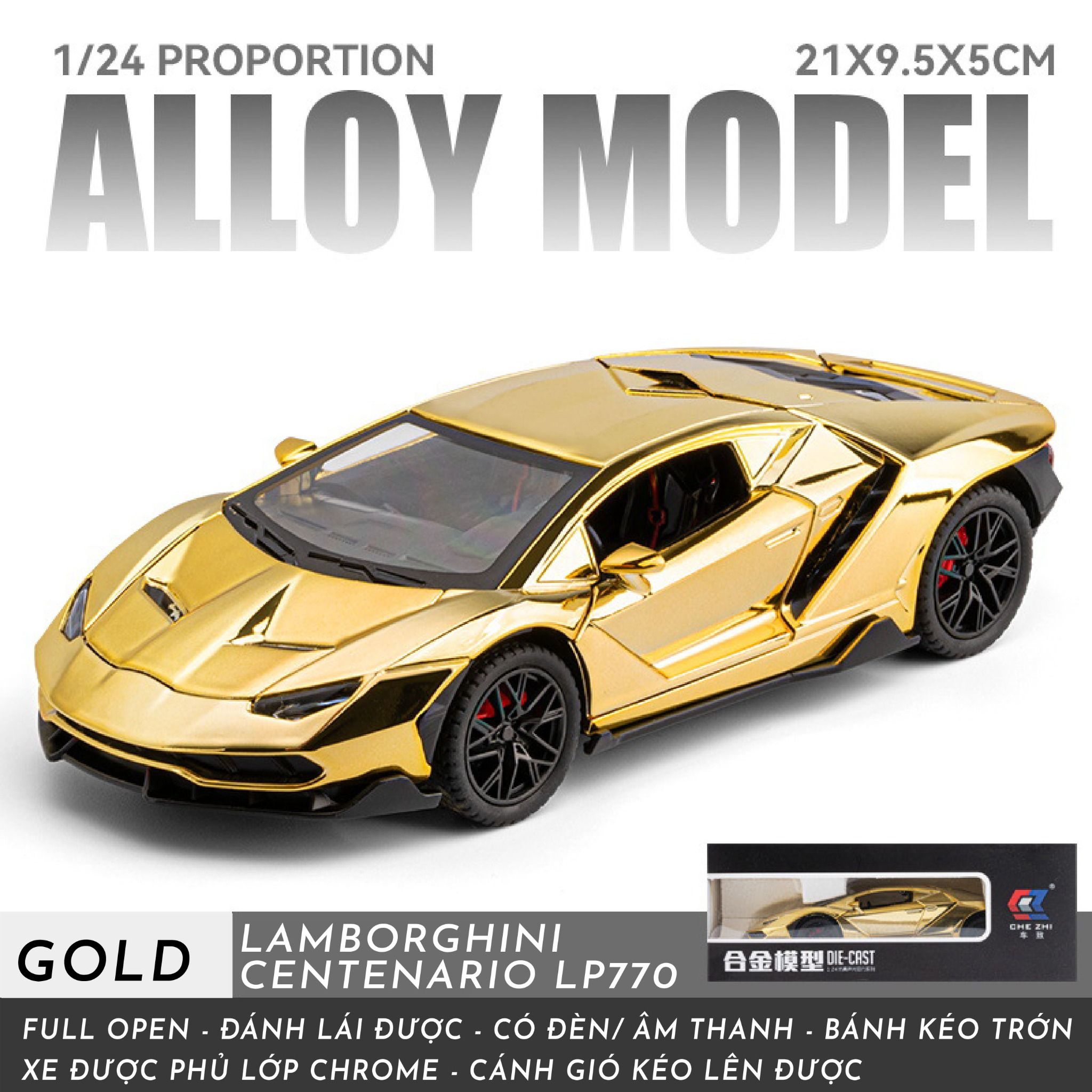 Mô hình xe Lamborghini Centenario LP770 chrome version full open- đánh lái được tỉ lệ 1:24 Chezhi OT24082