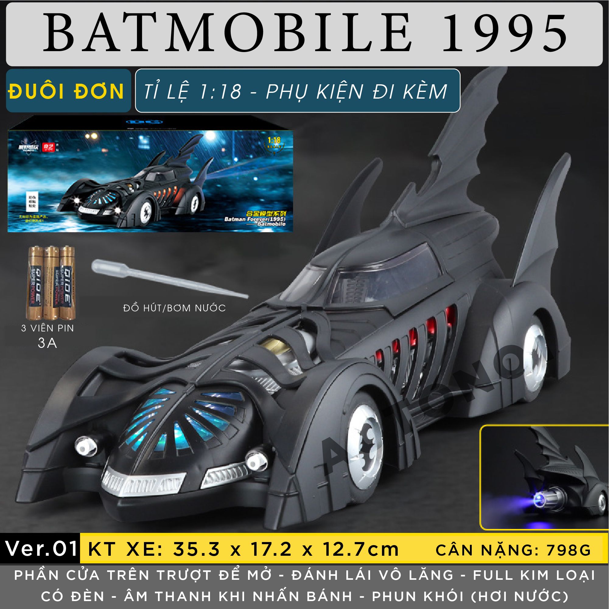 Mô hình xe Batman Batmobile 1995s phun khói - có đèn - âm thanh tỉ lệ 1:18 Alloy Model OT18023