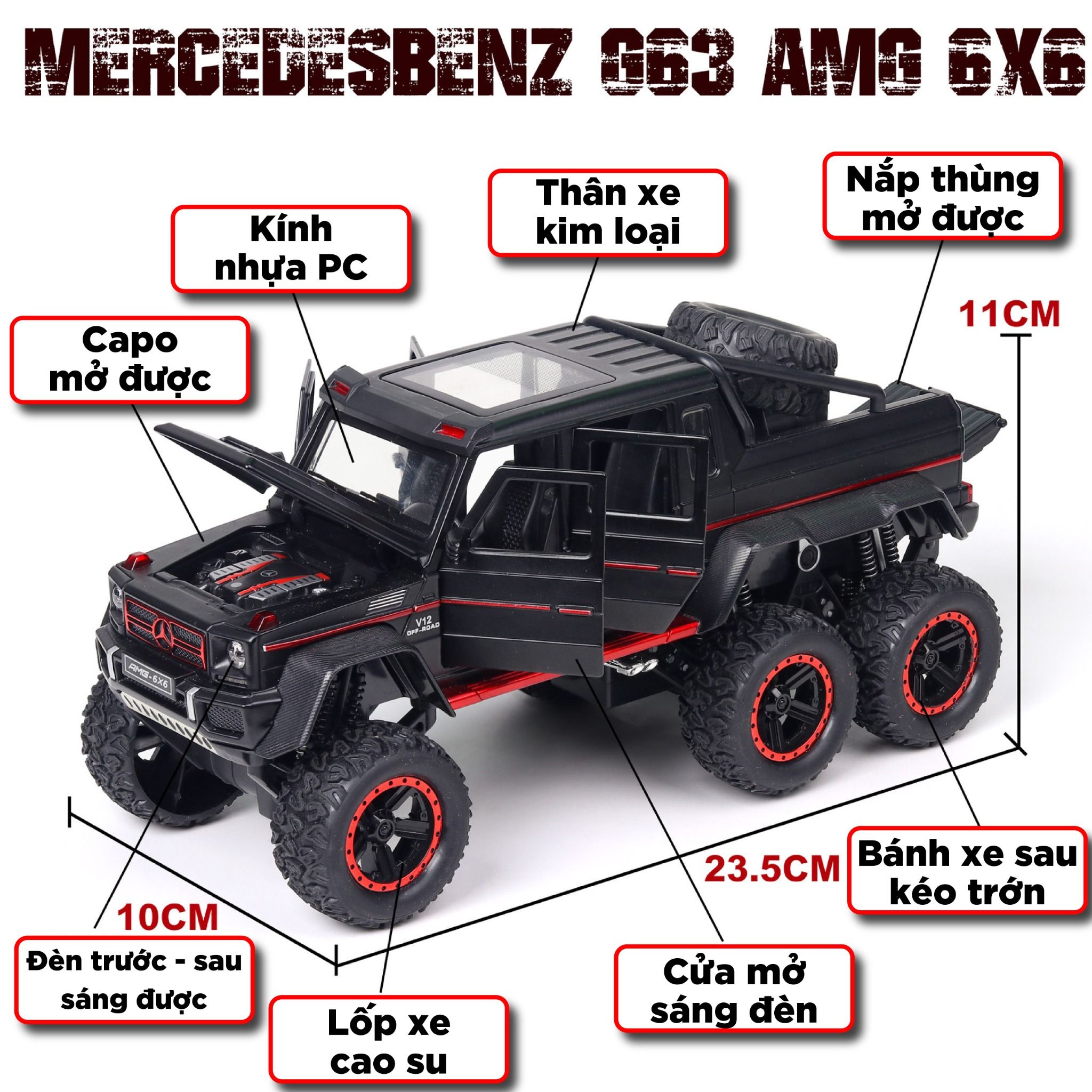Mô hình xe ô tô Mercedes-Benz G63 V12 Off Road 6x6 full open tỉ lệ 1:22 Chezhi OT376