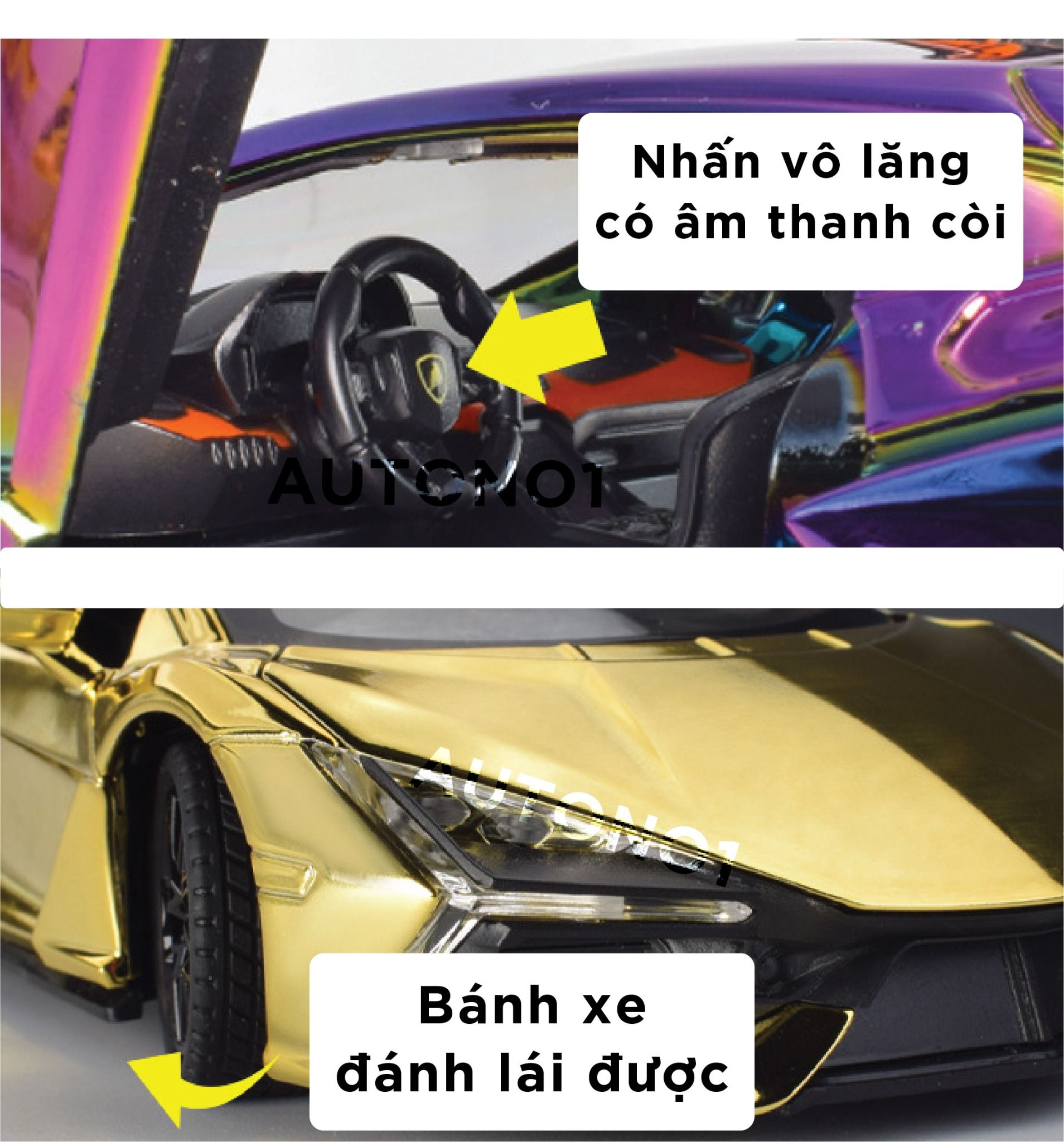 Mô hình xe Lamborghini Revuelto chrome color đánh lái được - full open - có đèn - âm thanh tỉ lệ 1:24 Alloy model OT24063