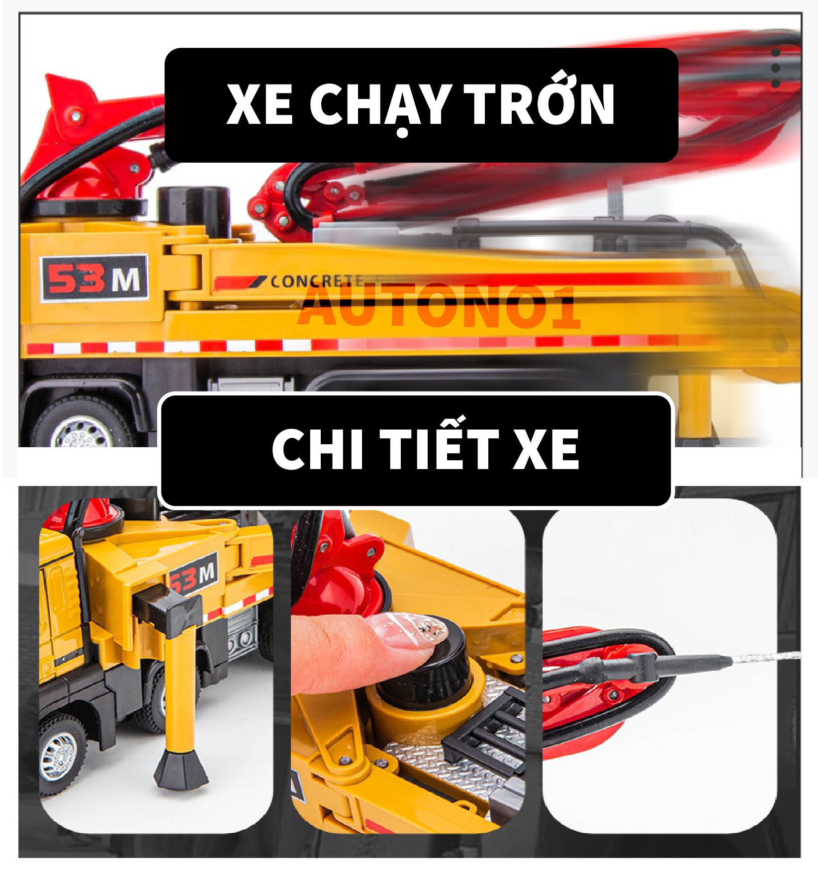 Mô hình xe công trình bơm bê tông full open - đầu kim loại - phun nước - có âm thanh - đèn tỉ lệ 1:32 Ty model OT509