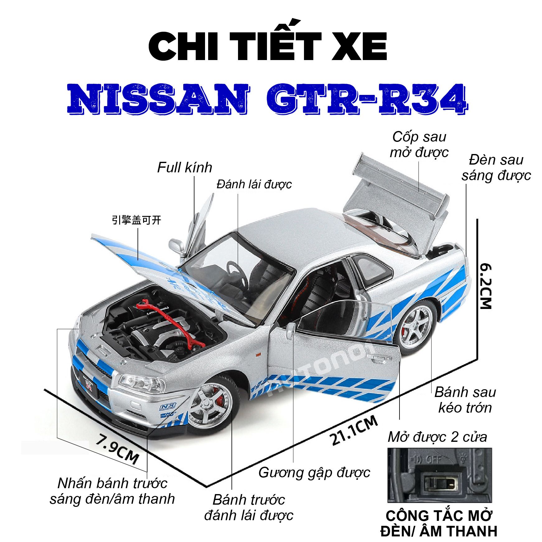 Mô hình xe Nissan GTR - R34 Fast & Furious No box full open - có âm thanh - đèn - đánh lái tỉ lệ 1:24 Jinlifiang OT24017
