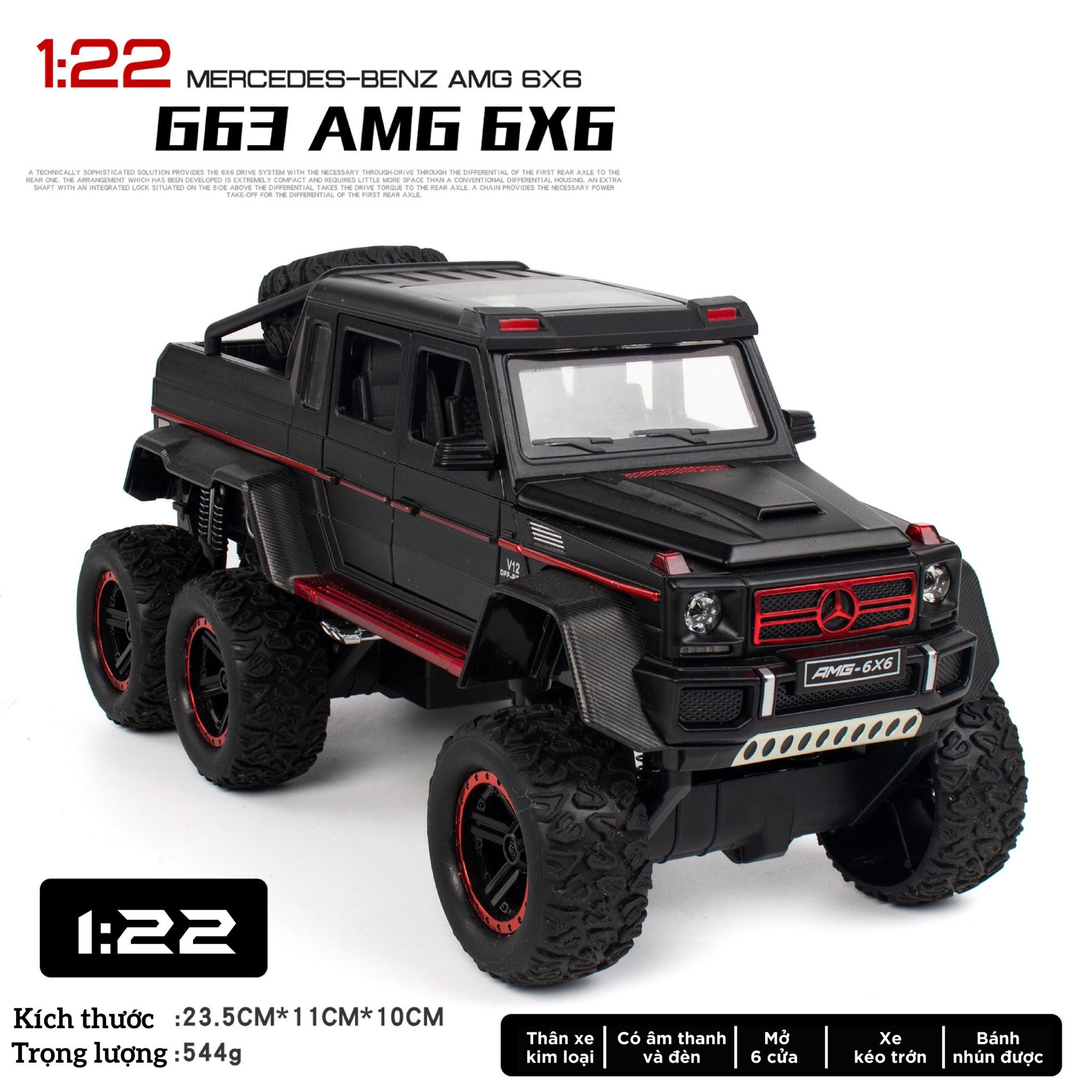 Mô hình xe ô tô Mercedes-Benz G63 V12 Off Road 6x6 full open tỉ lệ 1:22 Chezhi OT376