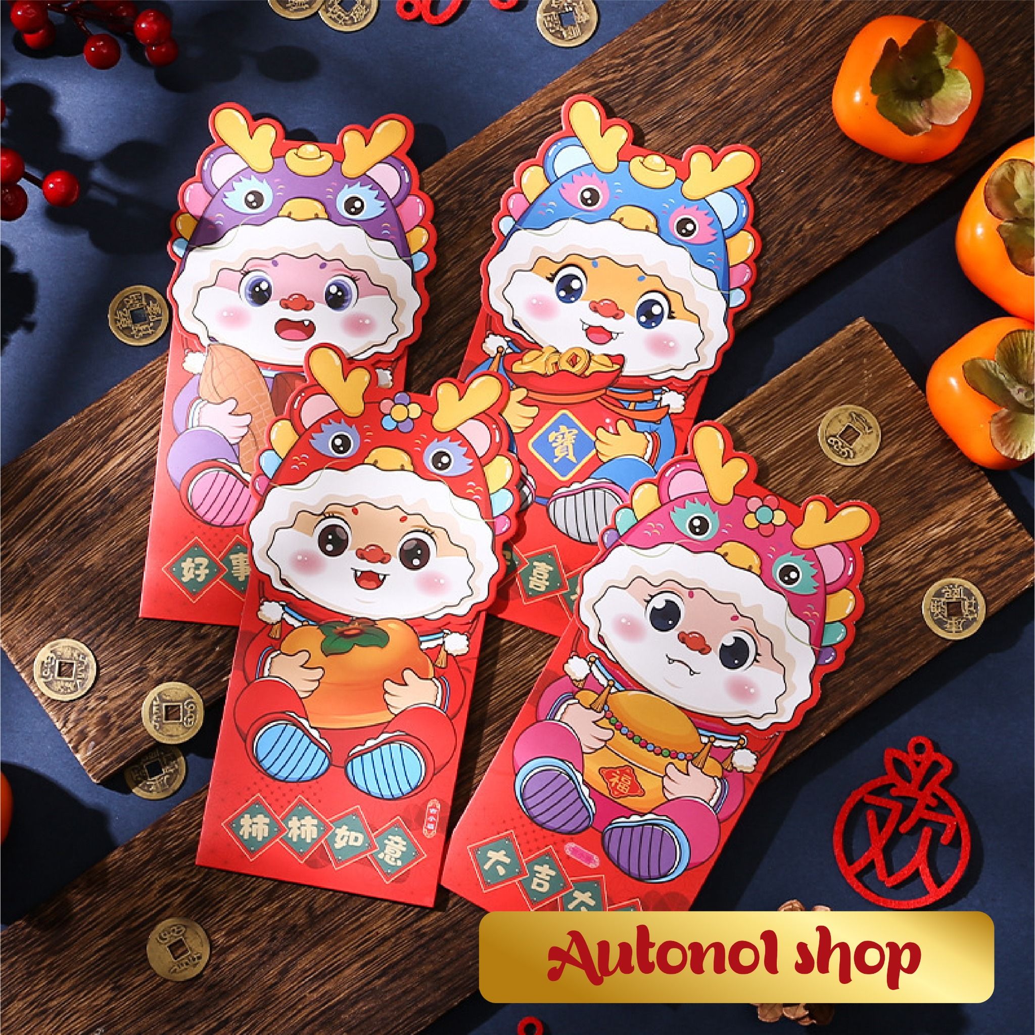 Bao lì xì hình con mèo đội nón rồng kiểu bao dọc chúc mừng năm mới 2024 kích thước 21.5cm Autono1 LX003