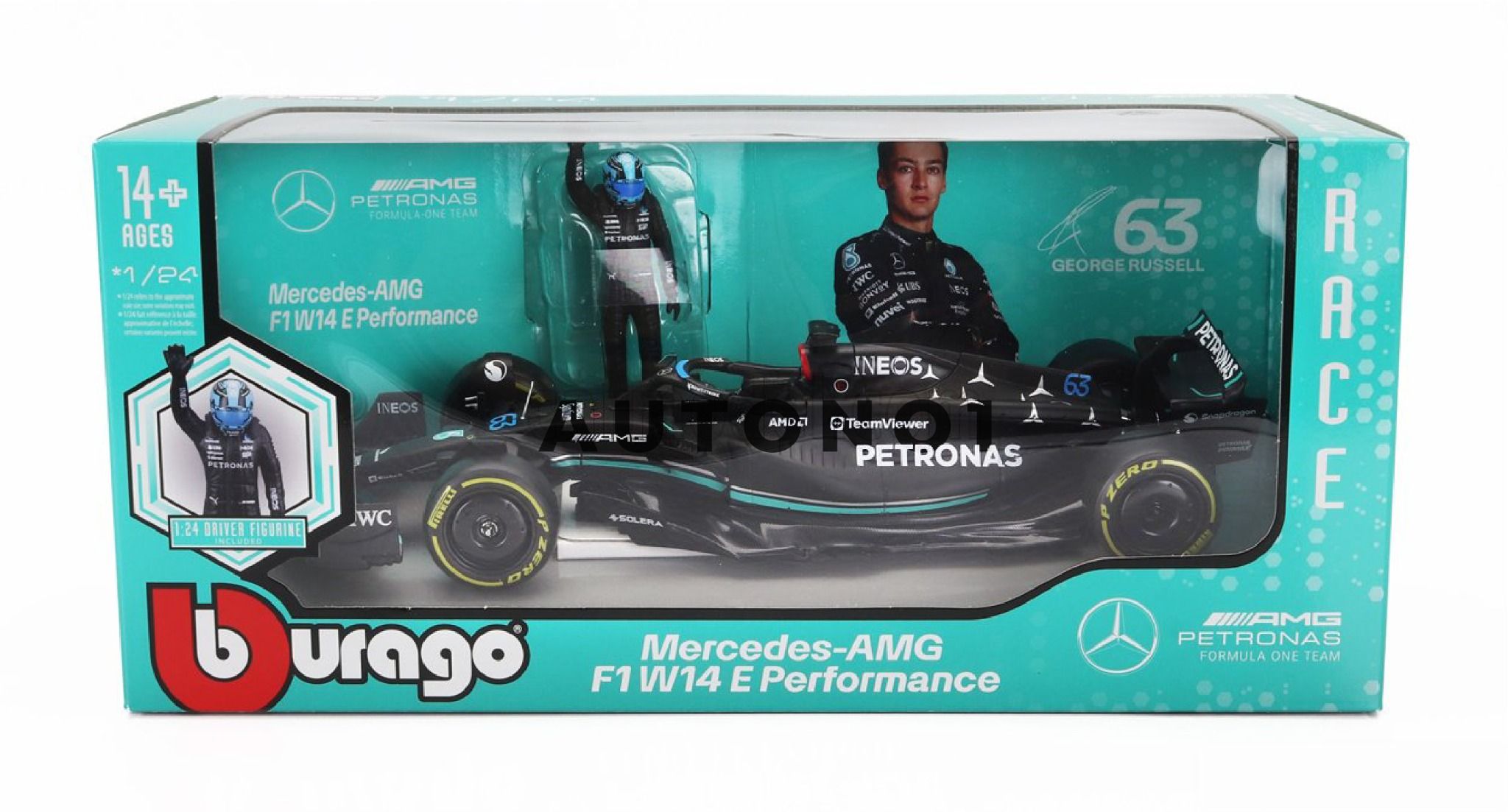 Mô hình xe đua F1 Formula Mercedes Benz Petronas 2023 W14 có figure rời tỉ lệ 1:24 Bburago 18-28037 OT24059