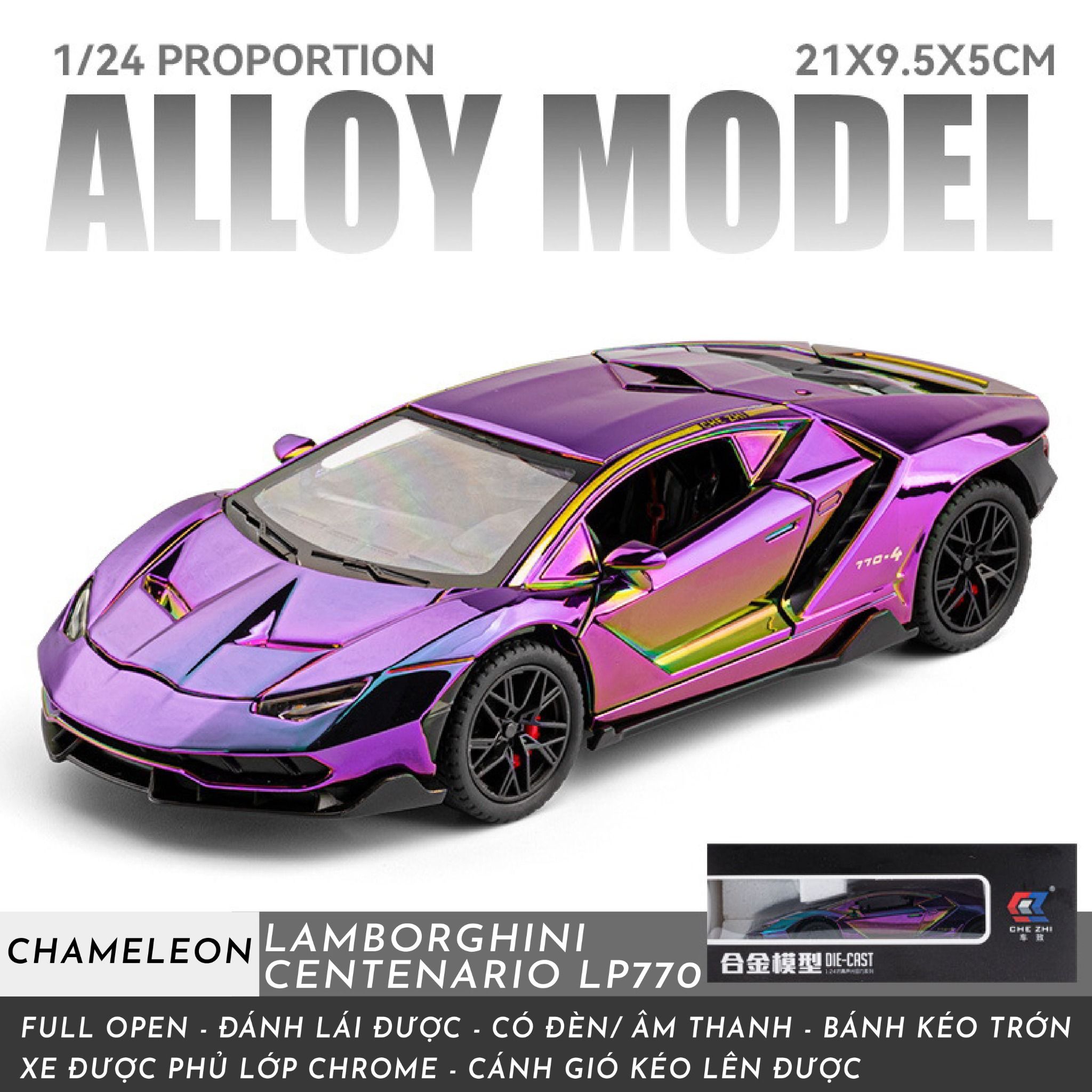 Mô hình xe Lamborghini Centenario LP770 chrome version full open- đánh lái được tỉ lệ 1:24 Chezhi OT24082