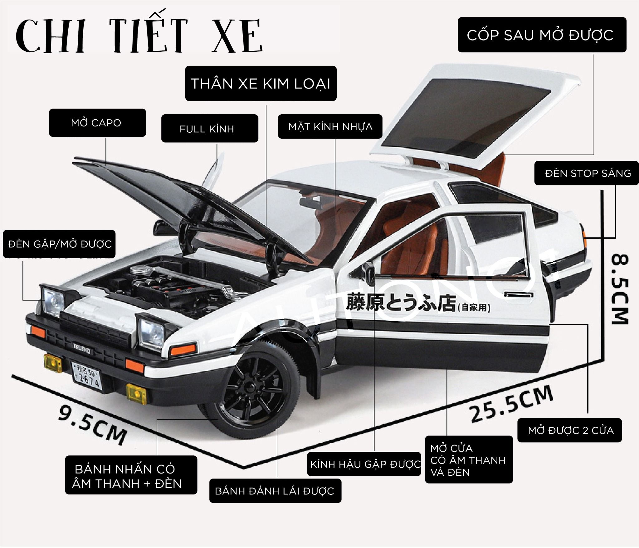 Mô hình xe Toyota Trueno AE 86 Initial D series full open - đánh lái - âm thanh - đèn tỉ lệ 1:18 OK model OT18024