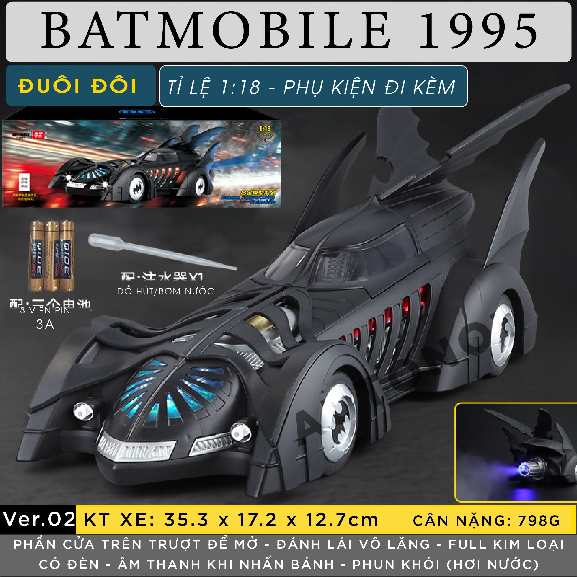 Mô hình xe Batman Batmobile 1995s phun khói - có đèn - âm thanh tỉ lệ 1:18 Alloy Model OT18023