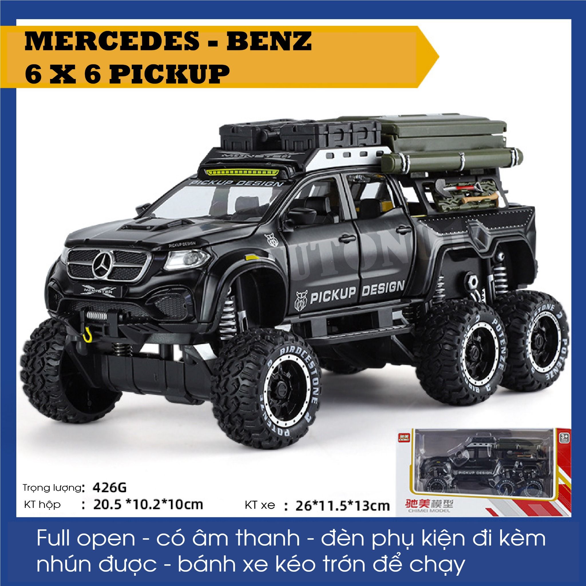 Mô hình xe Mercedes Benz Pickup 6x6 có phụ kiện camping đi kèm - có âm thanh - đèn tỉ lệ 1:32 Chimei OT32020