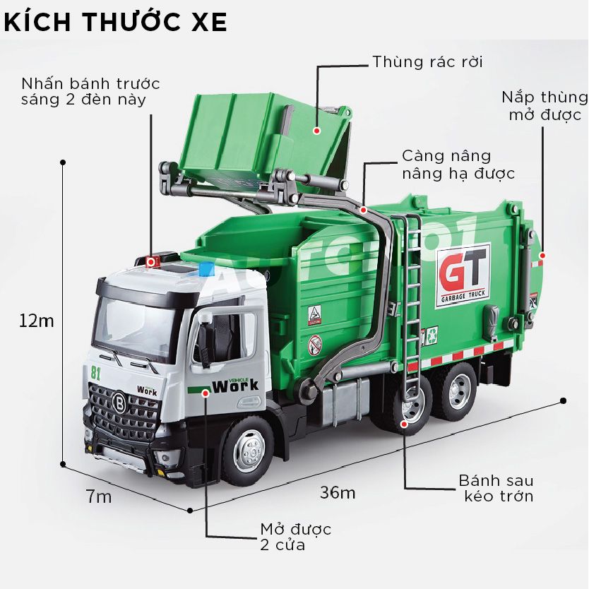 Mô hình xe chở rác chuyên dụng có thùng rác mini đi kèm tỉ lệ 1:24 Metal DieCast OT611