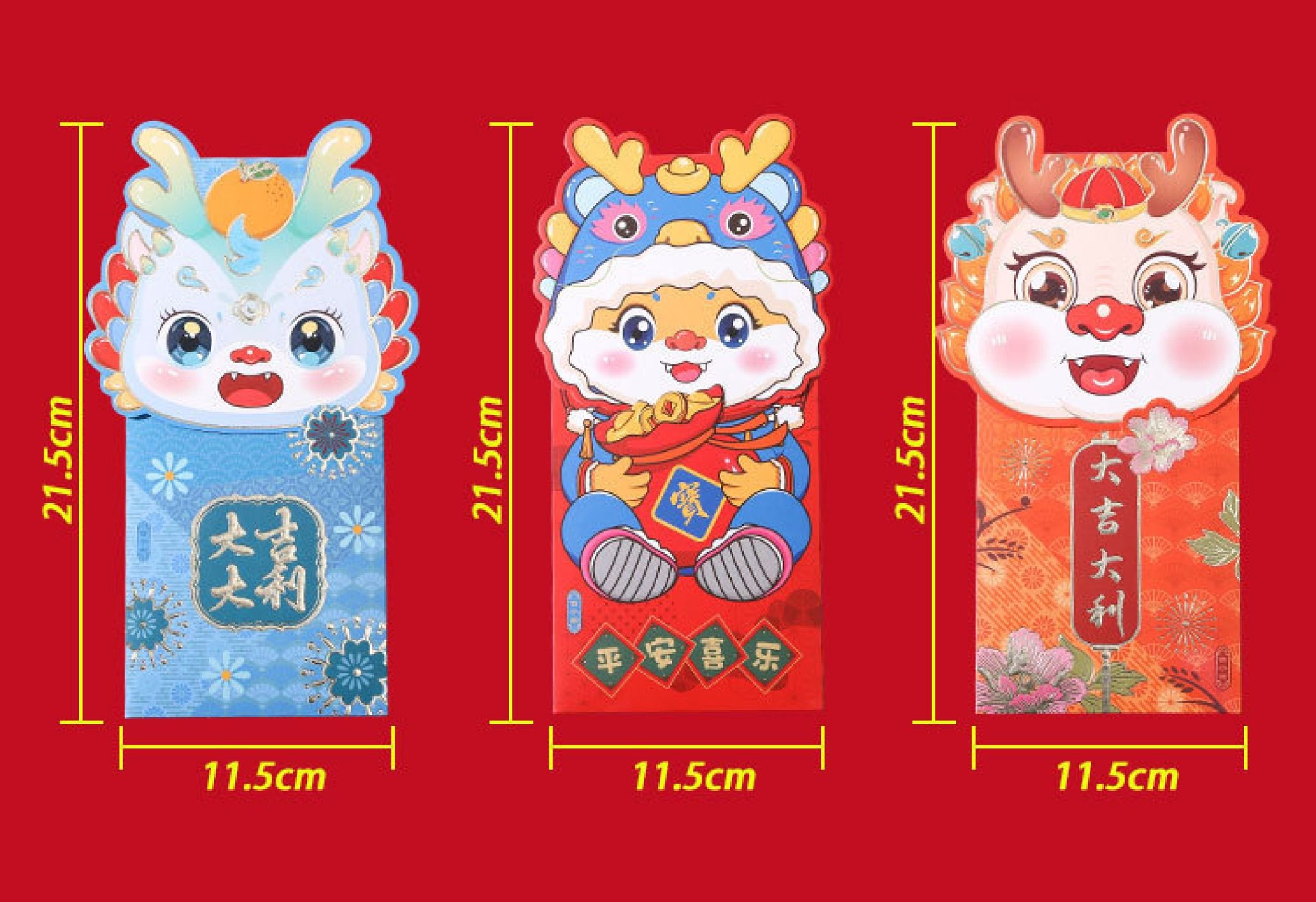Bao lì xì hình con mèo đội nón rồng kiểu bao dọc chúc mừng năm mới 2024 kích thước 21.5cm Autono1 LX003