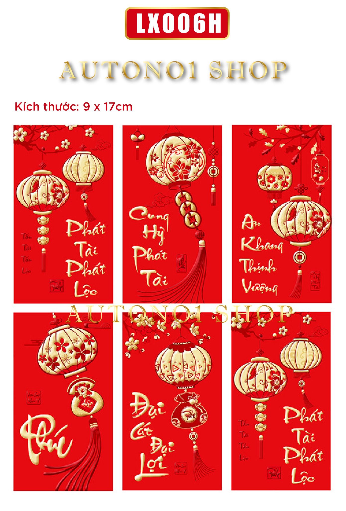 Combo bộ ngẫu nhiên 6 bao lì xì đỏ trang trí có hình rồng dễ thương nổi mạ vàng Chúc tết 2024 kích thước 9x17cm Autono1 LX006