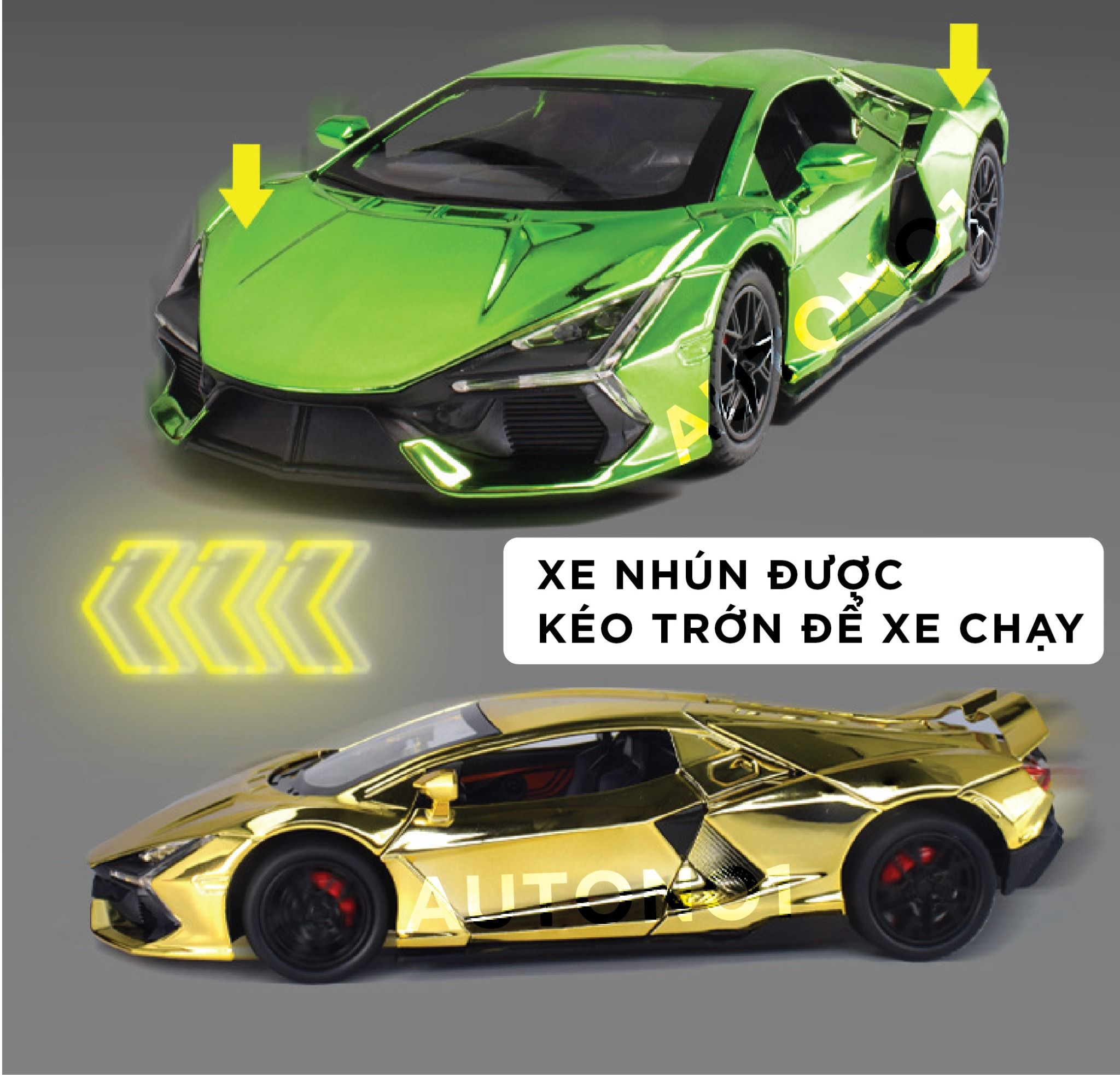 Mô hình xe Lamborghini Revuelto chrome color đánh lái được - full open - có đèn - âm thanh tỉ lệ 1:24 Alloy model OT24063
