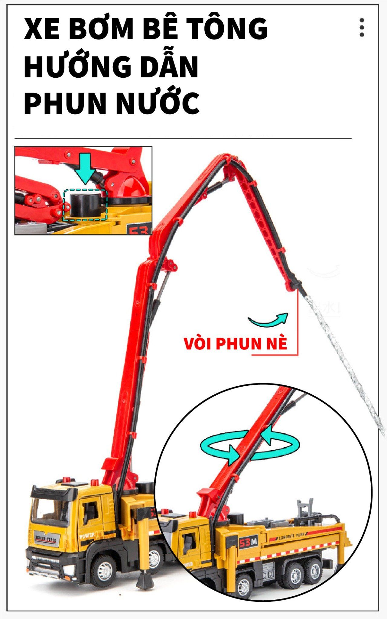 Mô hình xe công trình bơm bê tông full open - đầu kim loại - phun nước - có âm thanh - đèn tỉ lệ 1:32 Ty model OT509