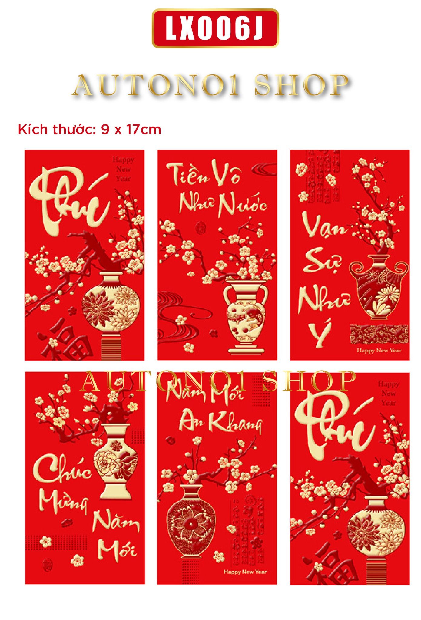 Combo bộ ngẫu nhiên 6 bao lì xì đỏ trang trí có hình rồng dễ thương nổi mạ vàng Chúc tết 2024 kích thước 9x17cm Autono1 LX006