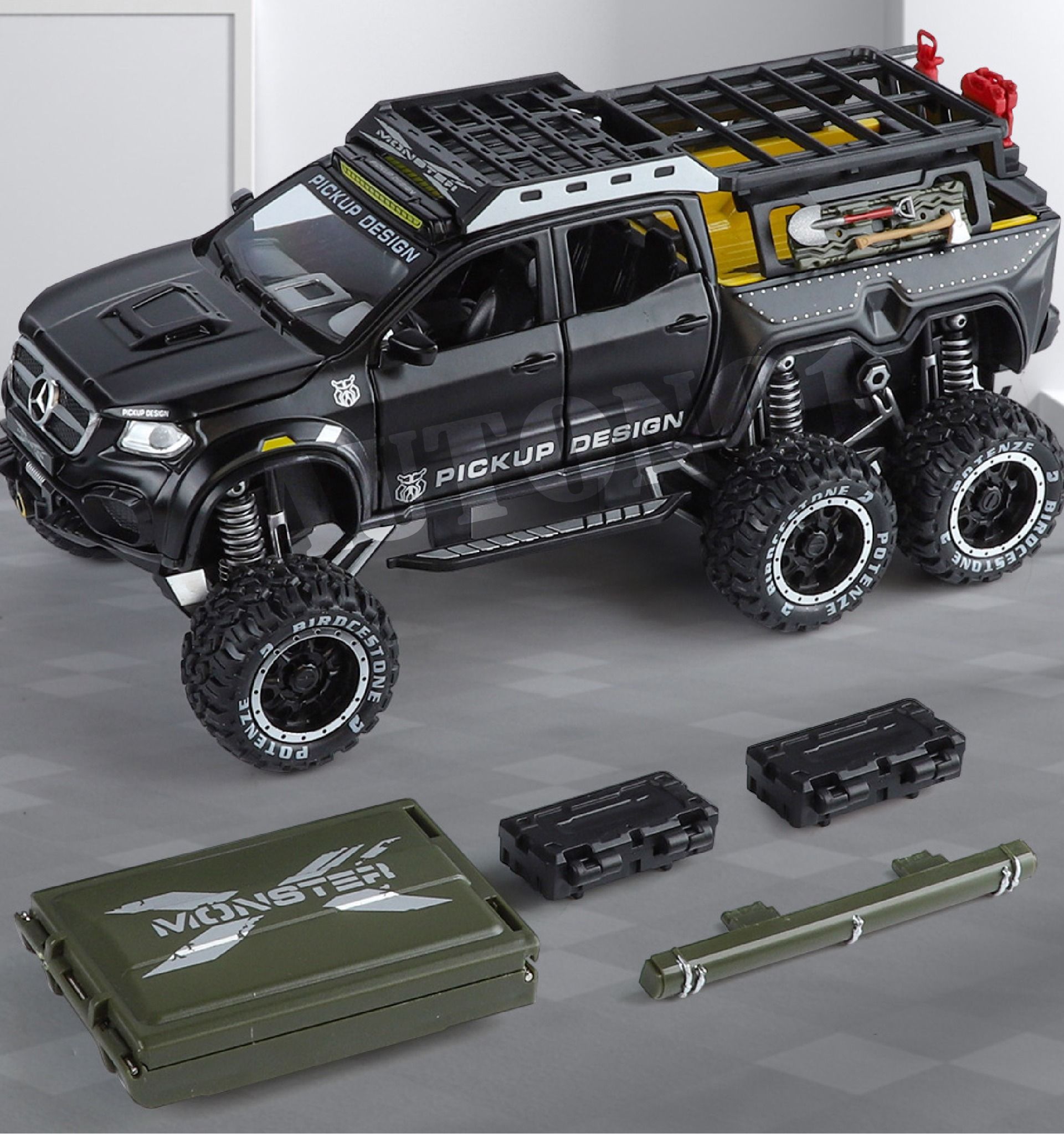 Mô hình xe Mercedes Benz Pickup 6x6 có phụ kiện camping đi kèm - có âm thanh - đèn tỉ lệ 1:32 Chimei OT32020
