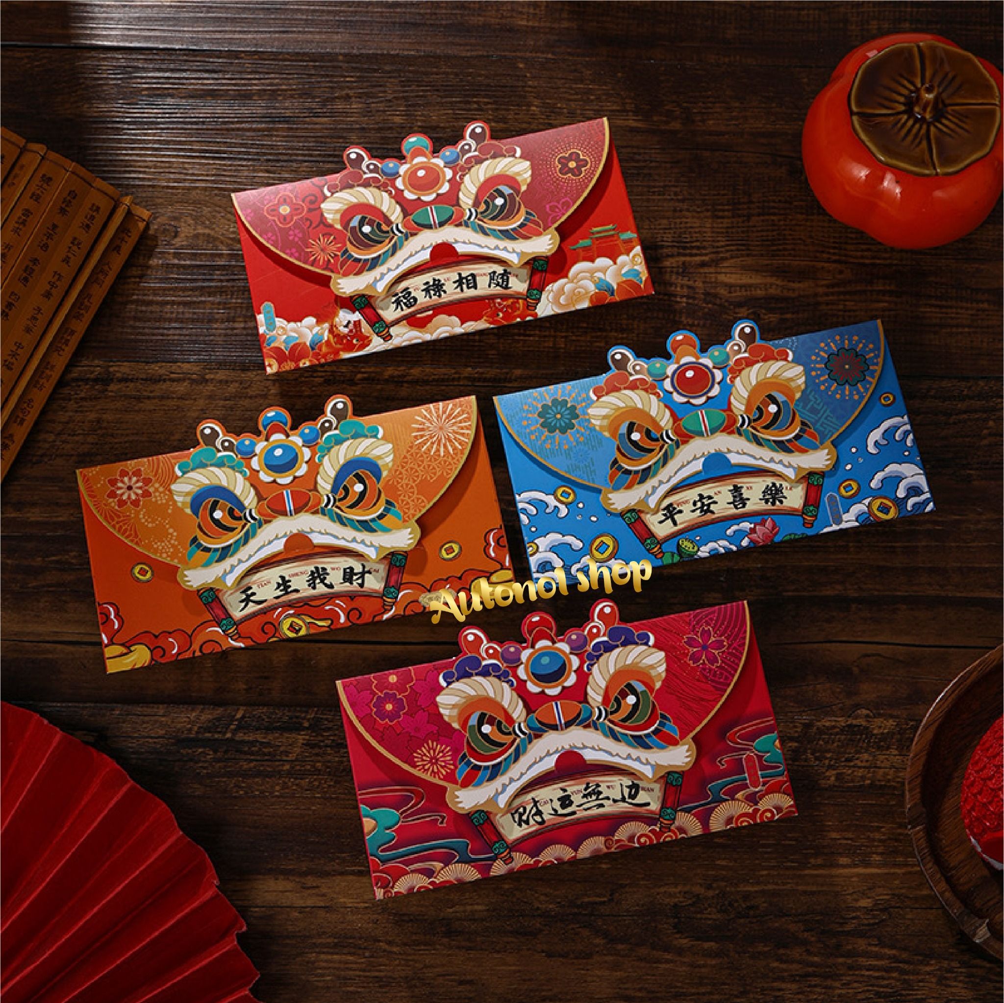 Bộ 4 bao lì xì hình đầu con lân kiểu bao ngang 4 màu chúc mừng năm mới 2024 kích thước 16.5cm Autono1 LX001E