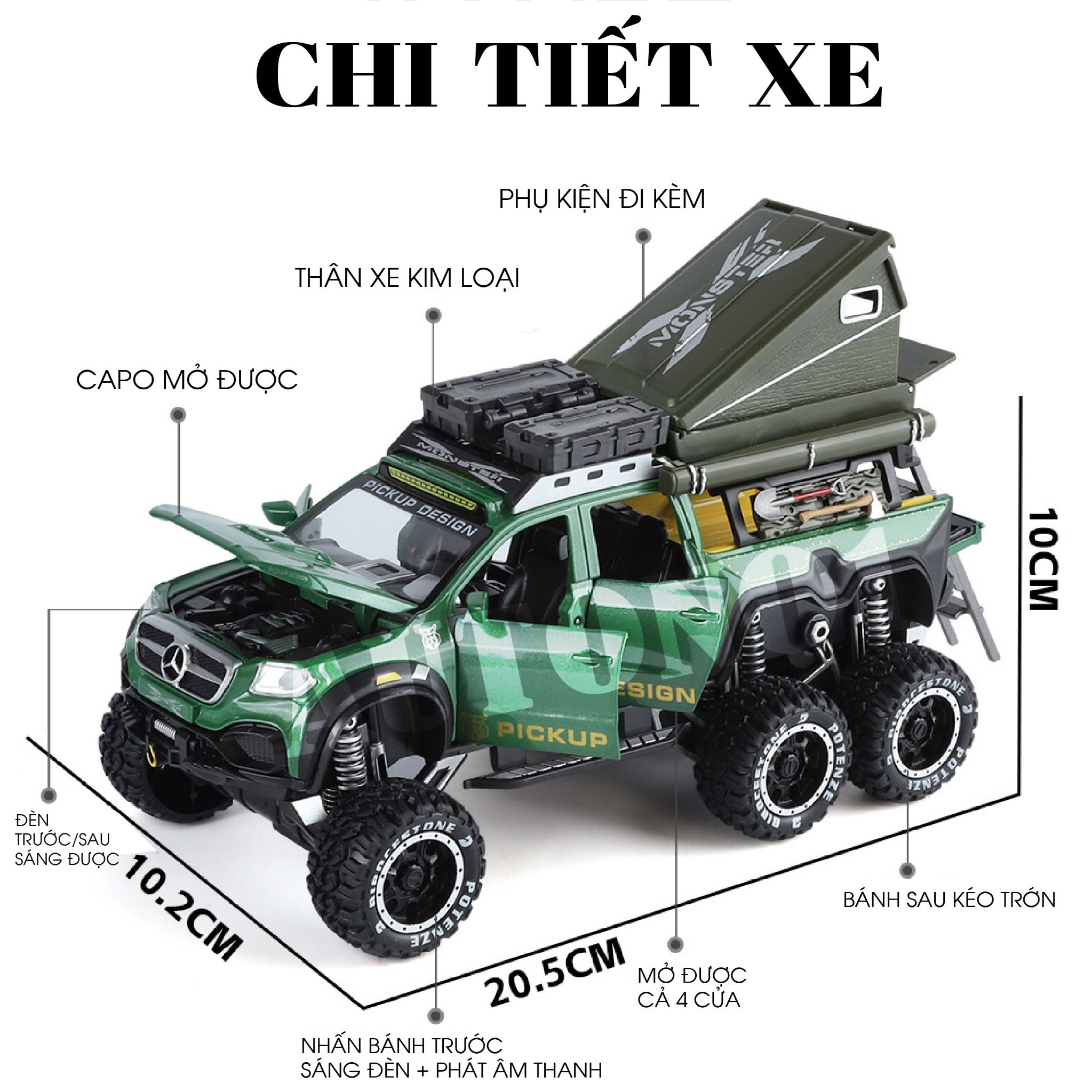 Mô hình xe Mercedes Benz Pickup 6x6 có phụ kiện camping đi kèm - có âm thanh - đèn tỉ lệ 1:32 Chimei OT32020