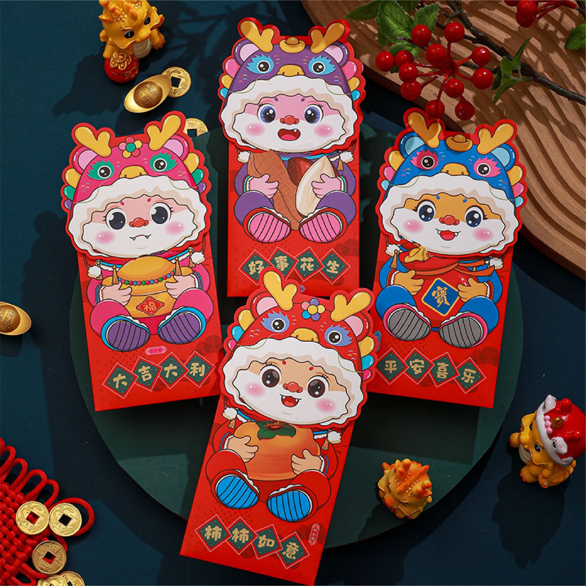 Bao lì xì hình con mèo đội nón rồng kiểu bao dọc chúc mừng năm mới 2024 kích thước 21.5cm Autono1 LX003
