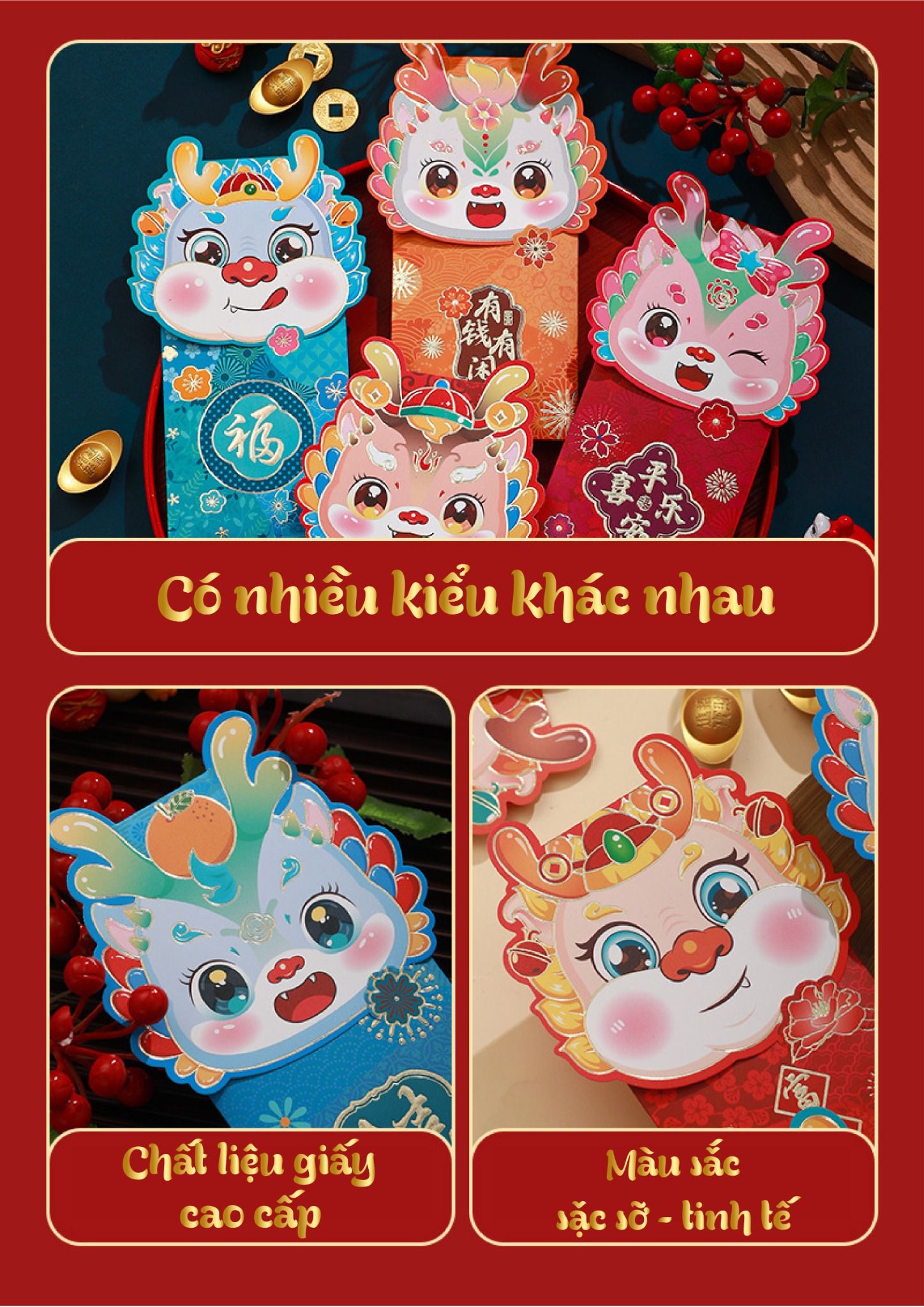 Bao lì xì hình con mèo đội nón rồng kiểu bao dọc chúc mừng năm mới 2024 kích thước 21.5cm Autono1 LX003
