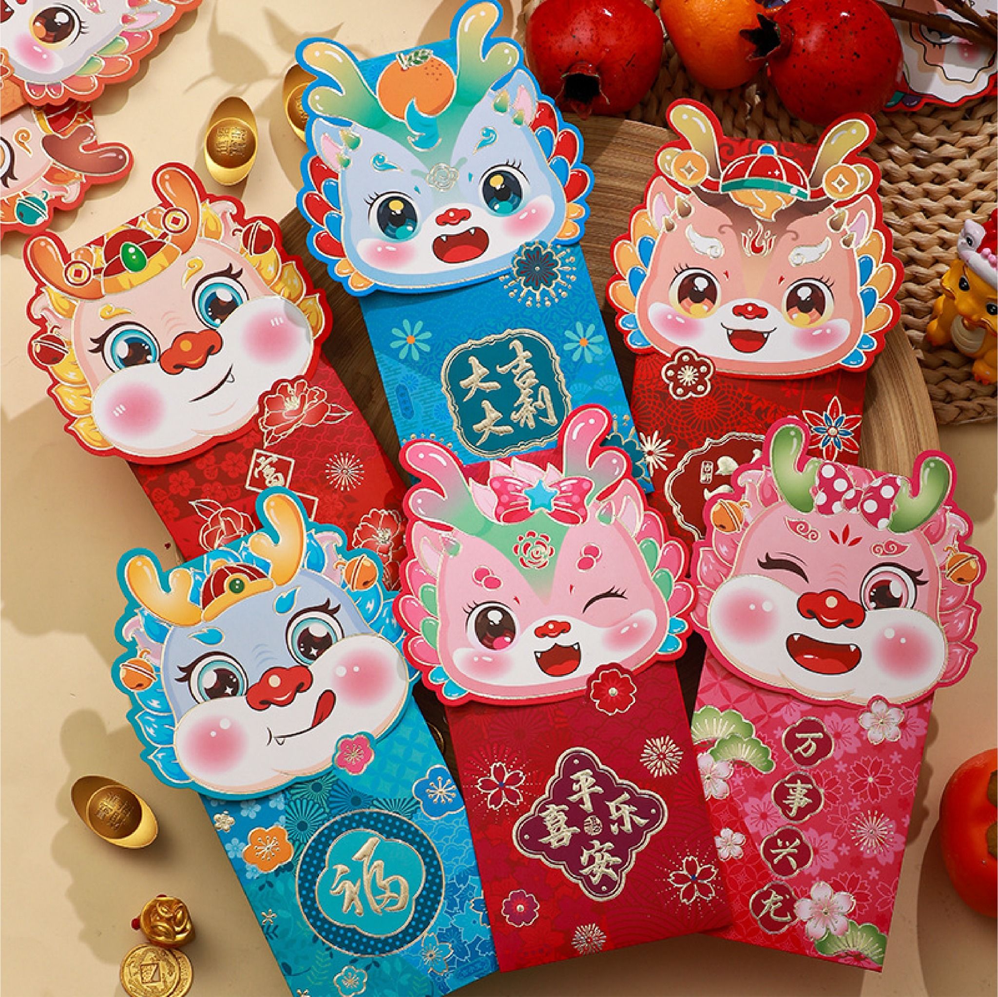 Bao lì xì hình con mèo đội nón rồng kiểu bao dọc chúc mừng năm mới 2024 kích thước 21.5cm Autono1 LX003
