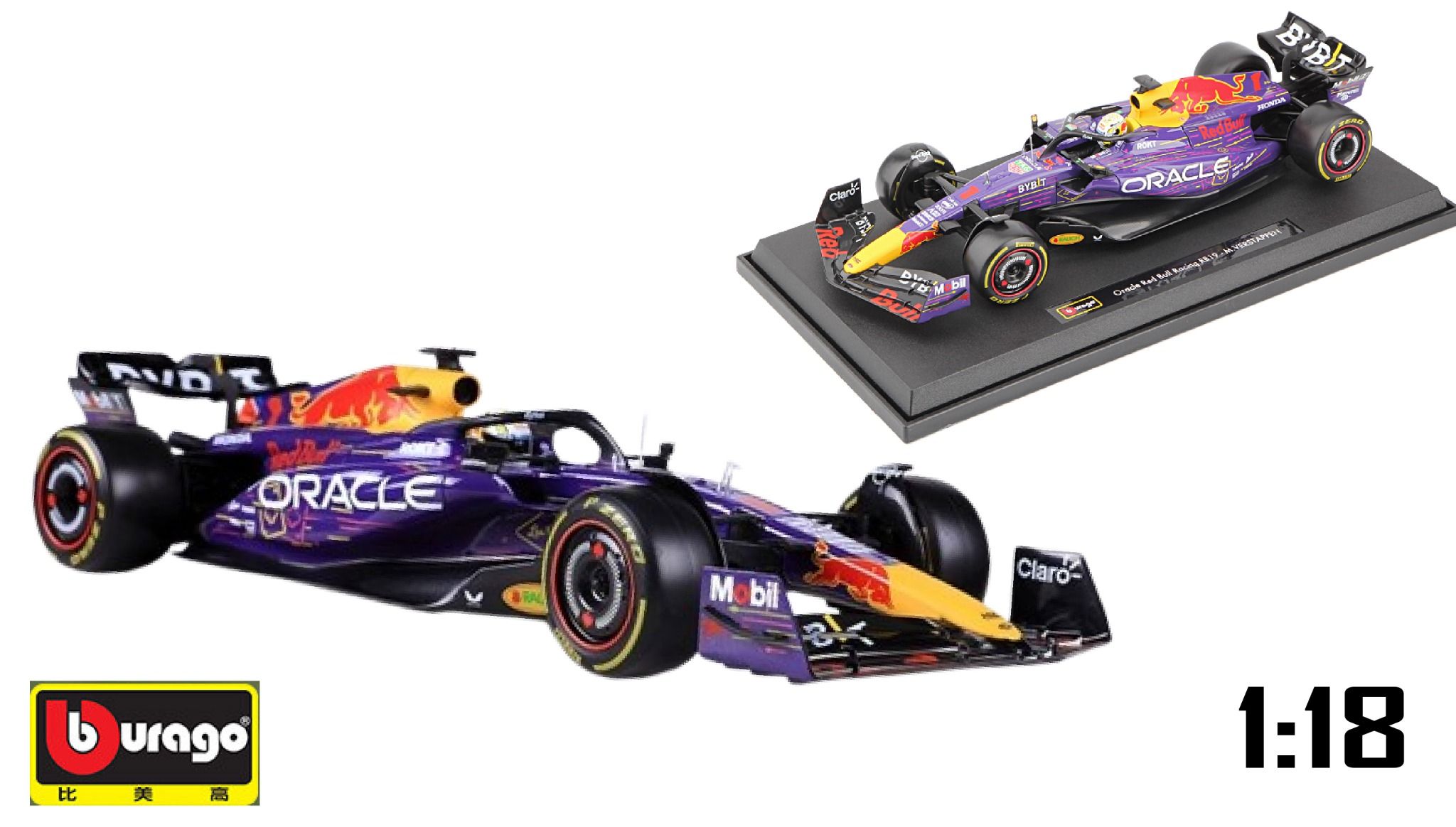 Mô hình xe đua F1 Formula Honda Redbull RB19 Miami 2023 Las Vegas có đế + figure tỉ lệ 1:18 Bburago OT18004