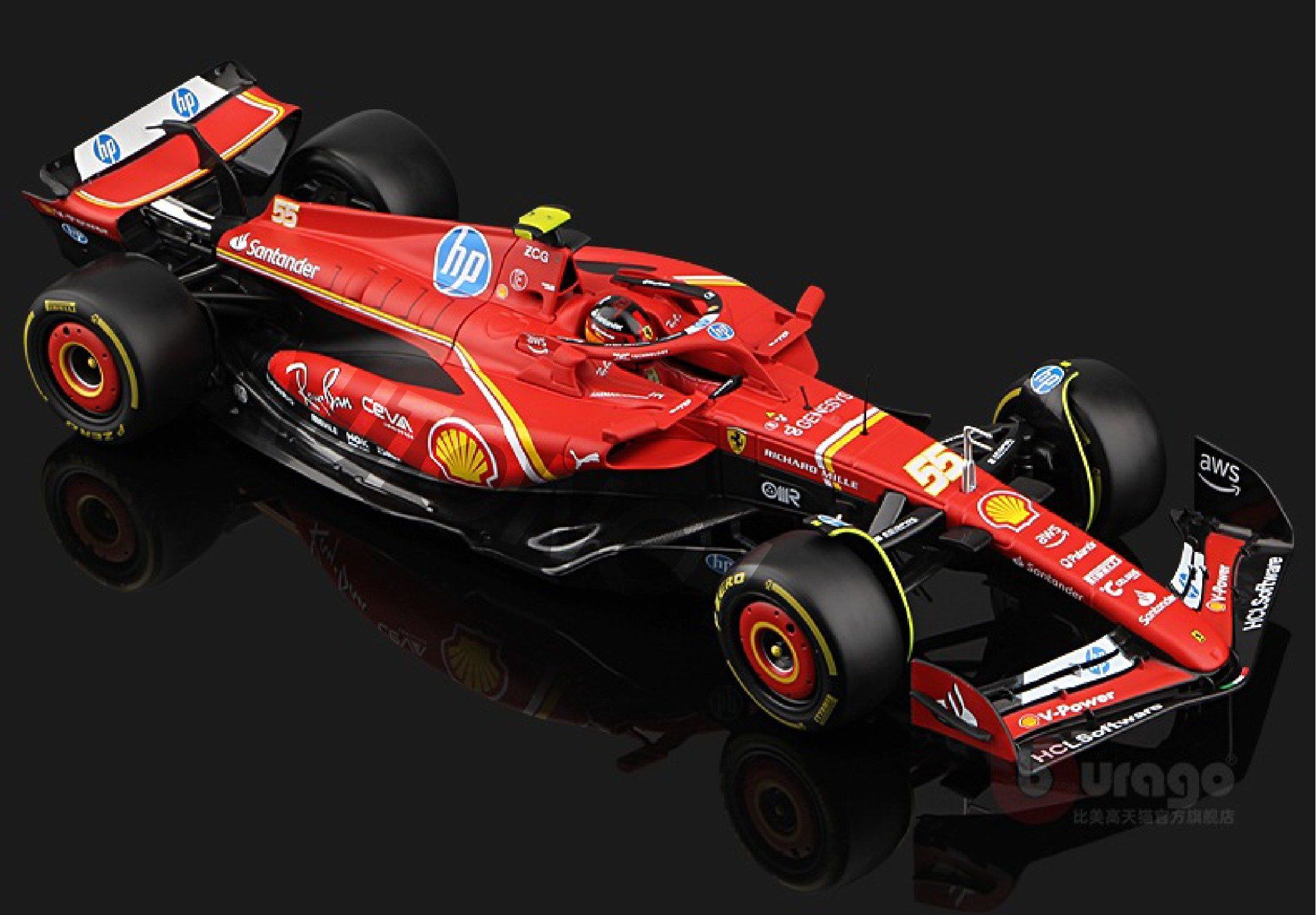 Mô hình xe đua F1 Ferrari Formular SF-24 có đế + figure tỉ lệ 1:18 Bburago 18-16815 OT18003