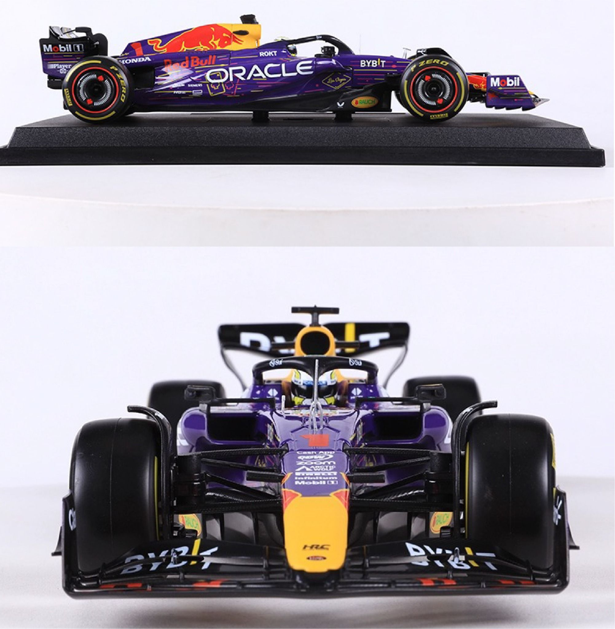 Mô hình xe đua F1 Formula Honda Redbull RB19 Miami 2023 Las Vegas có đế + figure tỉ lệ 1:18 Bburago OT18004