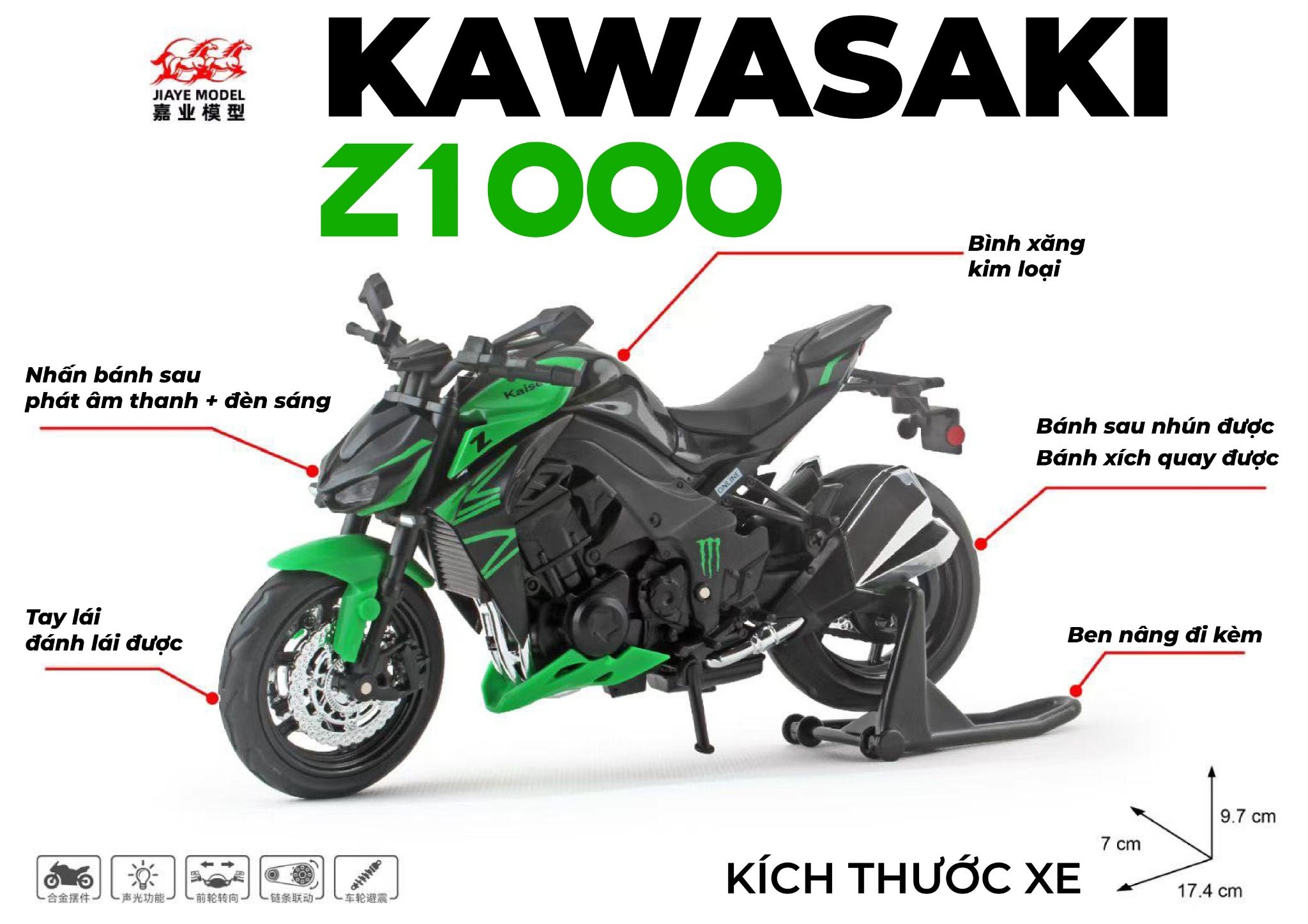 Mô hình xe mô tô Kawasaki Ninja Z1000 có ben nâng tỉ lệ 1:12 Jiaye model MT12015