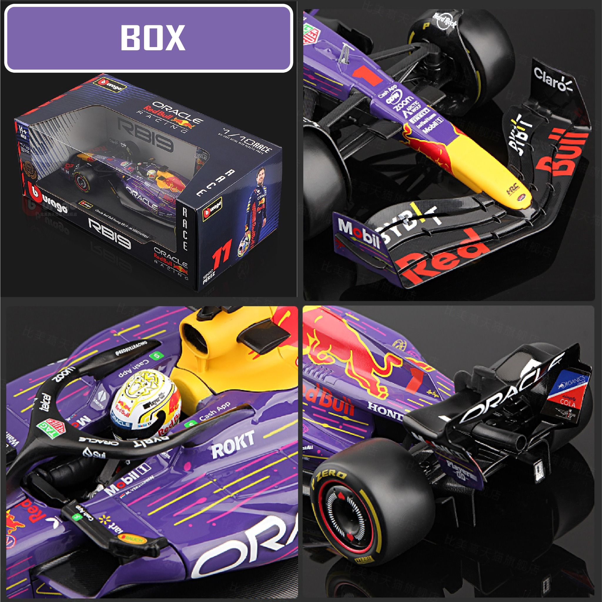 Mô hình xe đua F1 Formula Honda Redbull RB19 Miami 2023 Las Vegas có đế + figure tỉ lệ 1:18 Bburago OT18004
